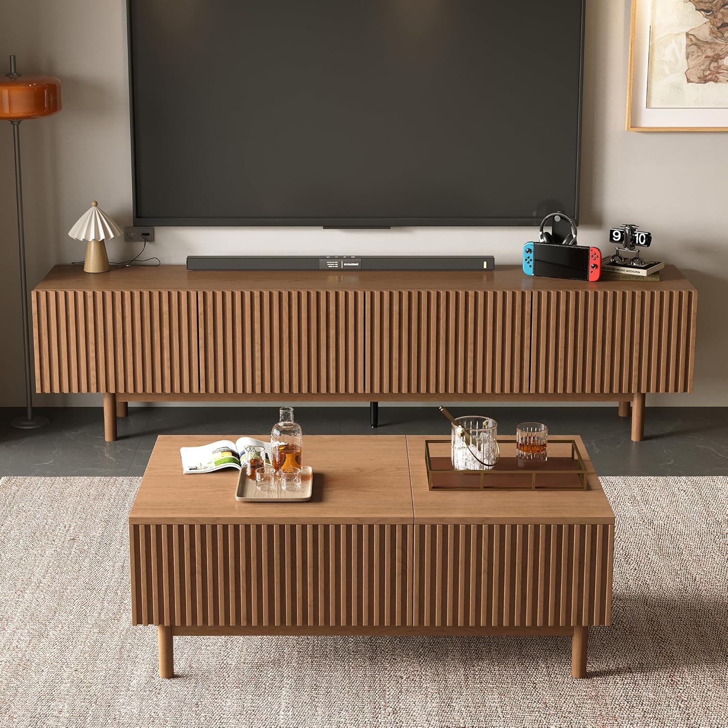 Living Room Furniture Set with TV Stand and Lift Top Coffee Table with Legs, 86.6" Entertainment Center Console for 75 Inch TV, Wood Slatted Storage Cabinet & Modern Center Table, Walnut