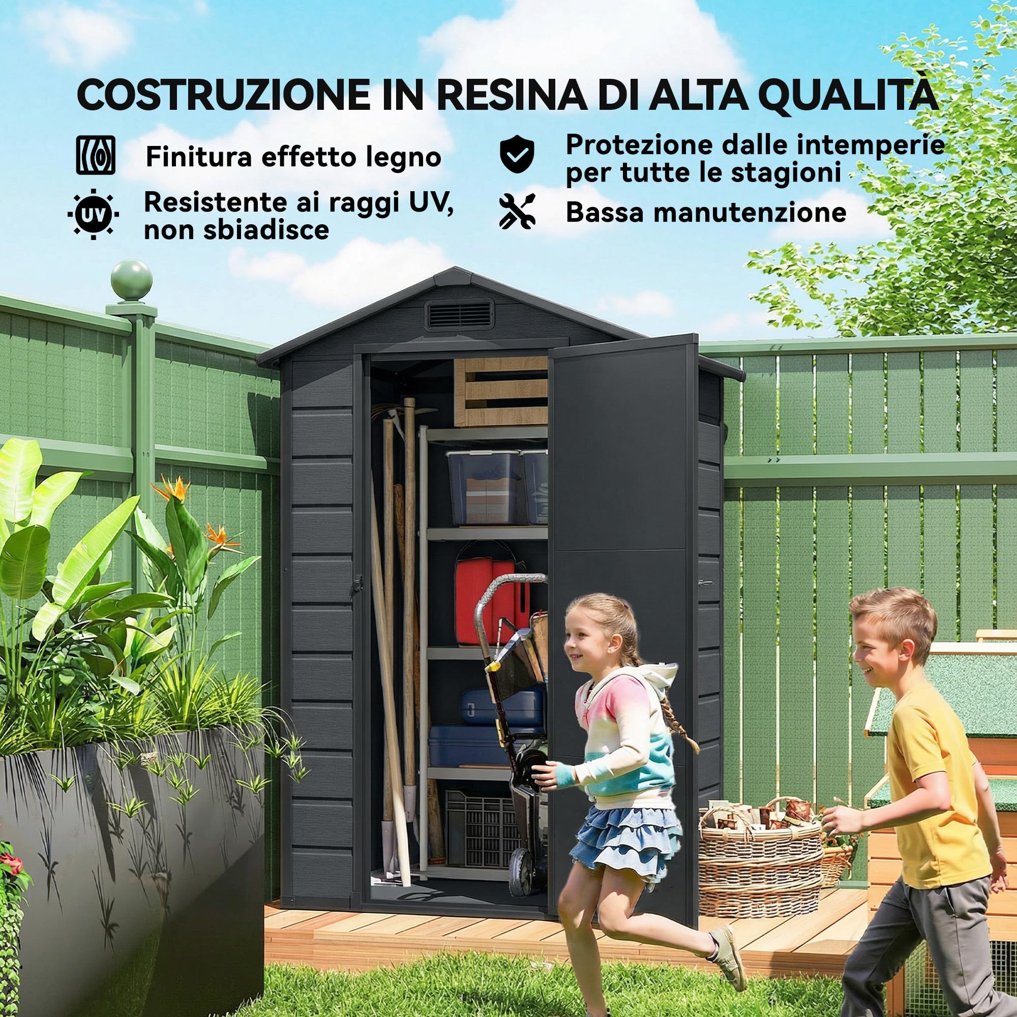 Outsunny Casetta da Giardino 1.09m² in PP con Pavimento Grigio Scuro