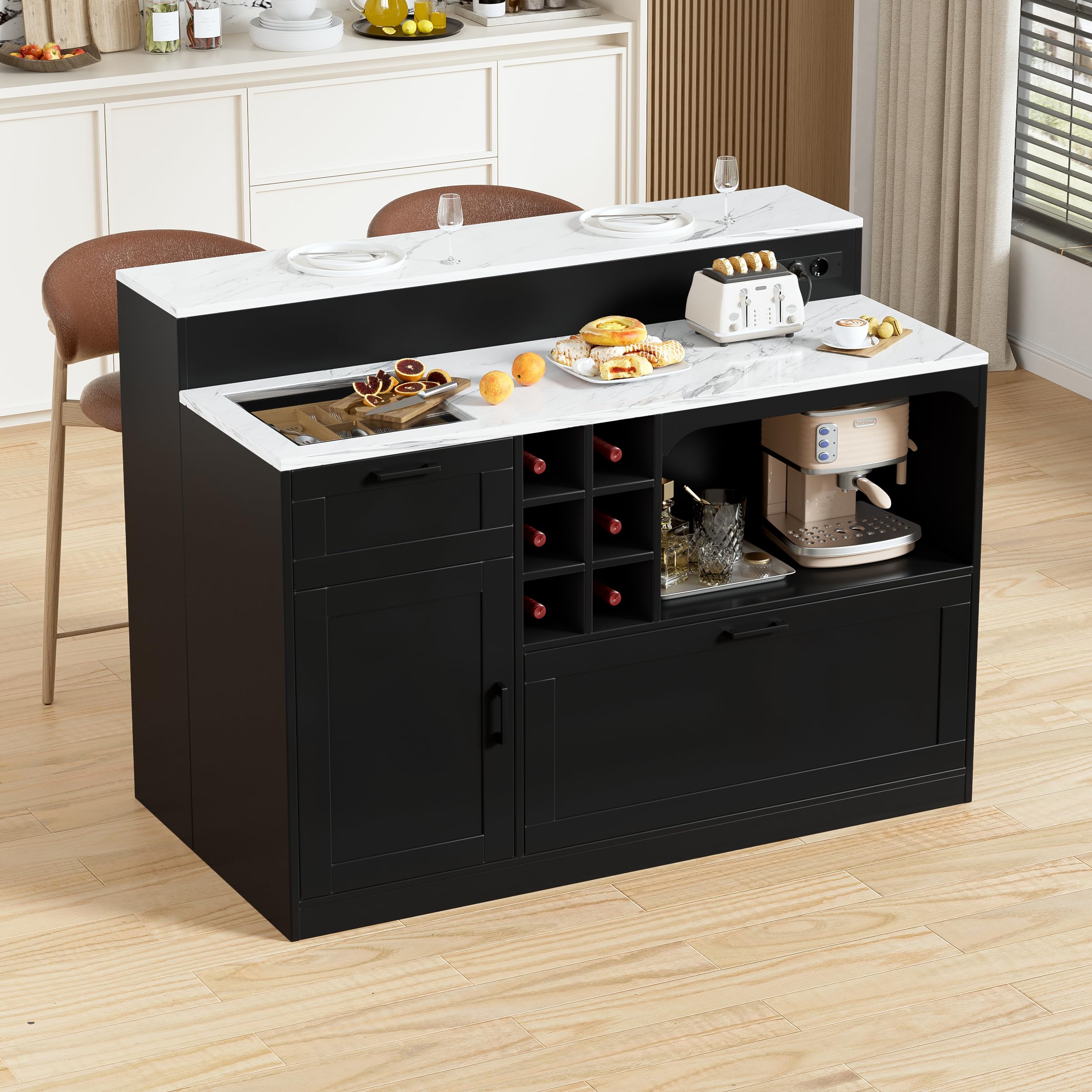 Îlot de Cuisine avec Plan de Travail et EU Prise, 2 en 1 Meuble de Rangement avec Tiroir, Placard, étagère ouverte et 6 Casier À Vin, Îlot Central Cuisine en Bois, Moderne Buffet Cuisine Rangement