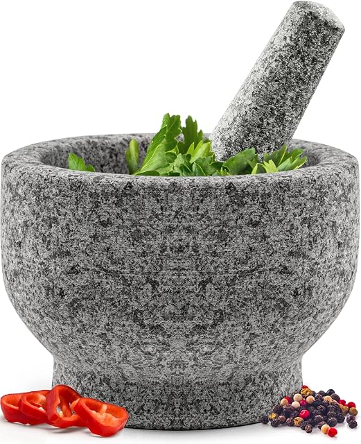Heavy Duty Natural Granite Small Mortar and Pestle Set, Hand Carved, Make Fresh Guacamole at Home, Solid Stone Grinder Bowl, Herb Crusher, Spice Grinder, 2 Cup Size, Unpolished Grey