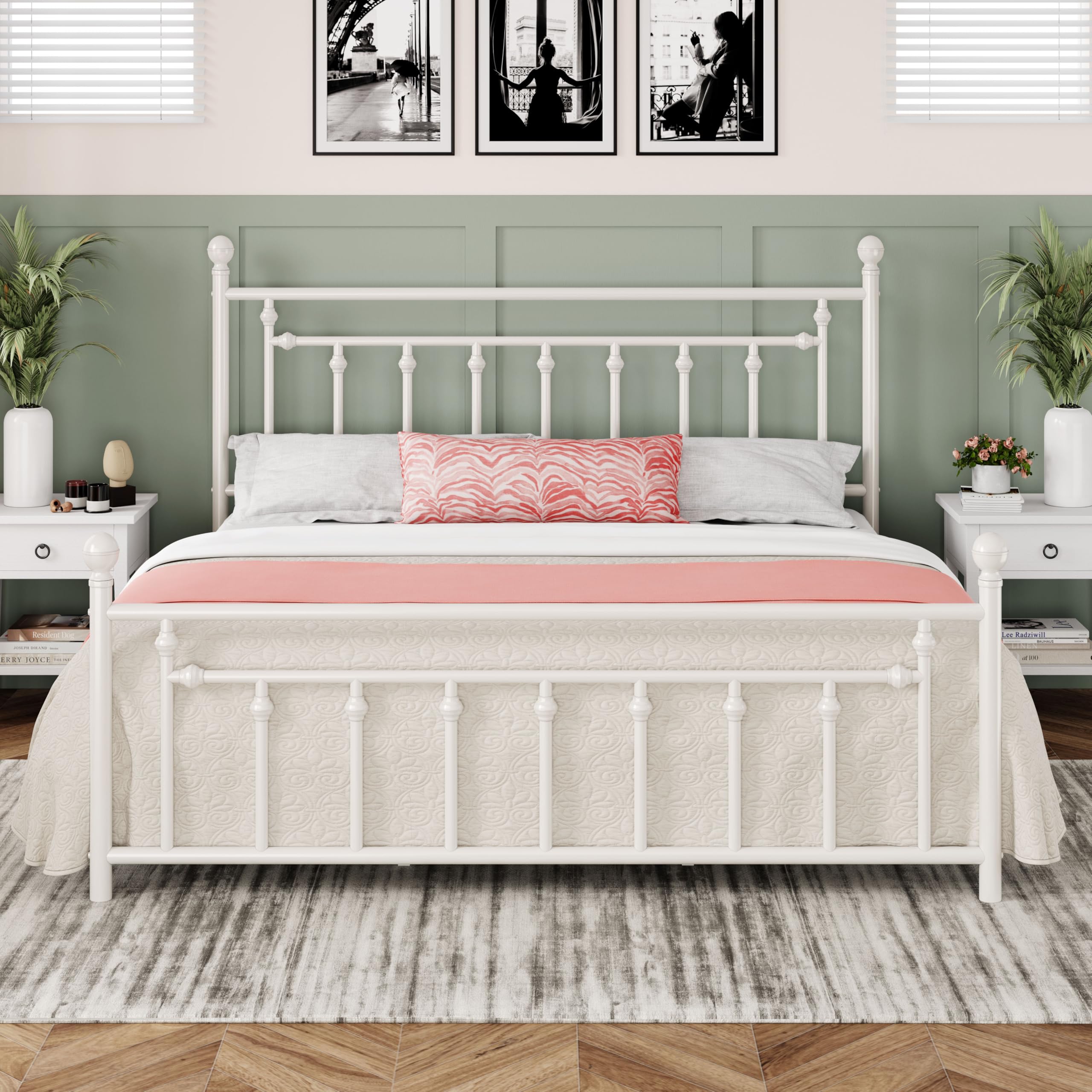 Allewie 14 Inch King Size Metal Platform Bed Frame with Victorian Vintage Headboard and Footboard/Mattress Foundation/Under Bed Storage/No Box Spring
