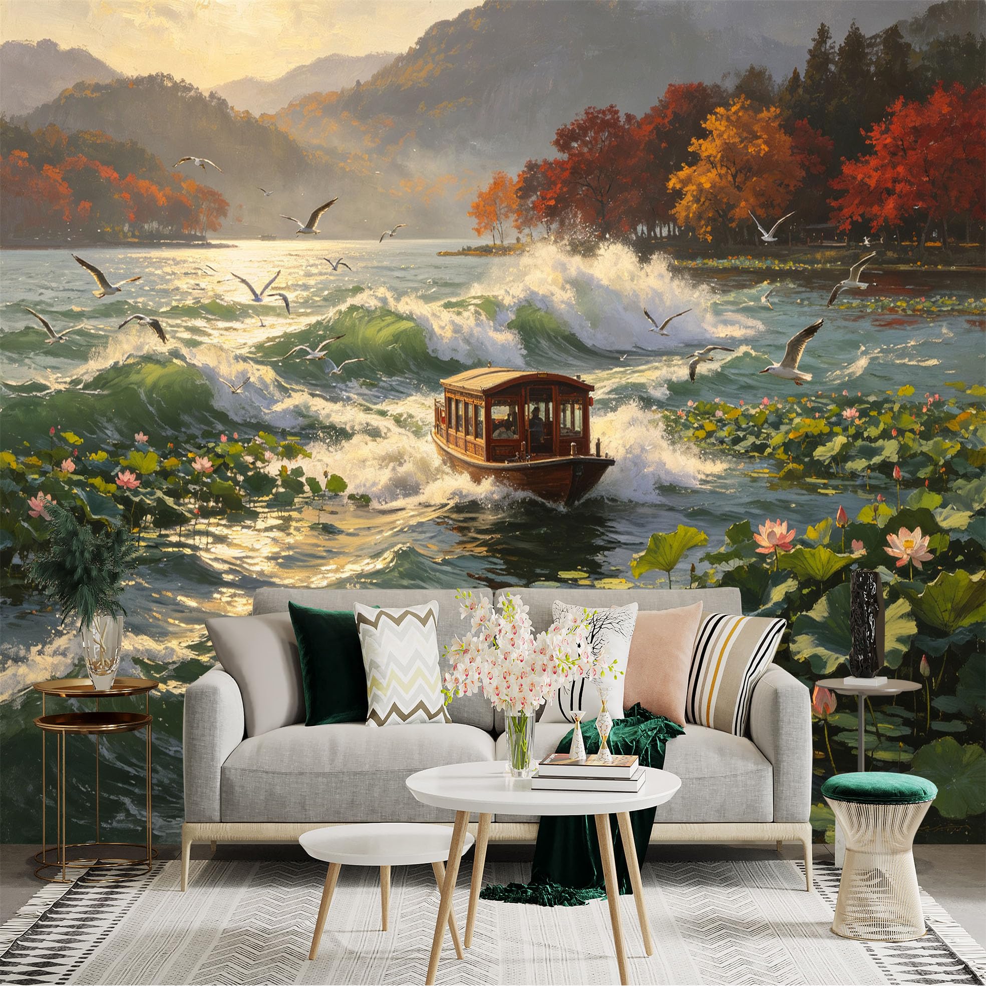 Custom Size Wall Sticker Mural， Wooden Boat on Rippling Lake， Lotus Flowers and Flying Gulls， Autumn Scenery， for wall Decoration， peelandstick wall Decals.