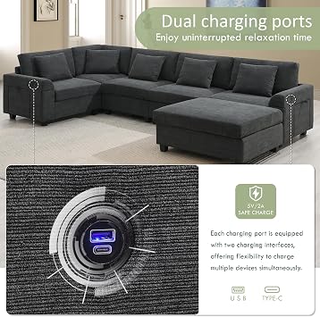 128 U Shaped Sectional Sofa,6 Seat Modular Sectional Sofa Chenille Couch | Hidden Armrest Storage and Cup Holders,USB Charging Ports,Wide Seat Sofa for Living Room,Apartment Cup Holders