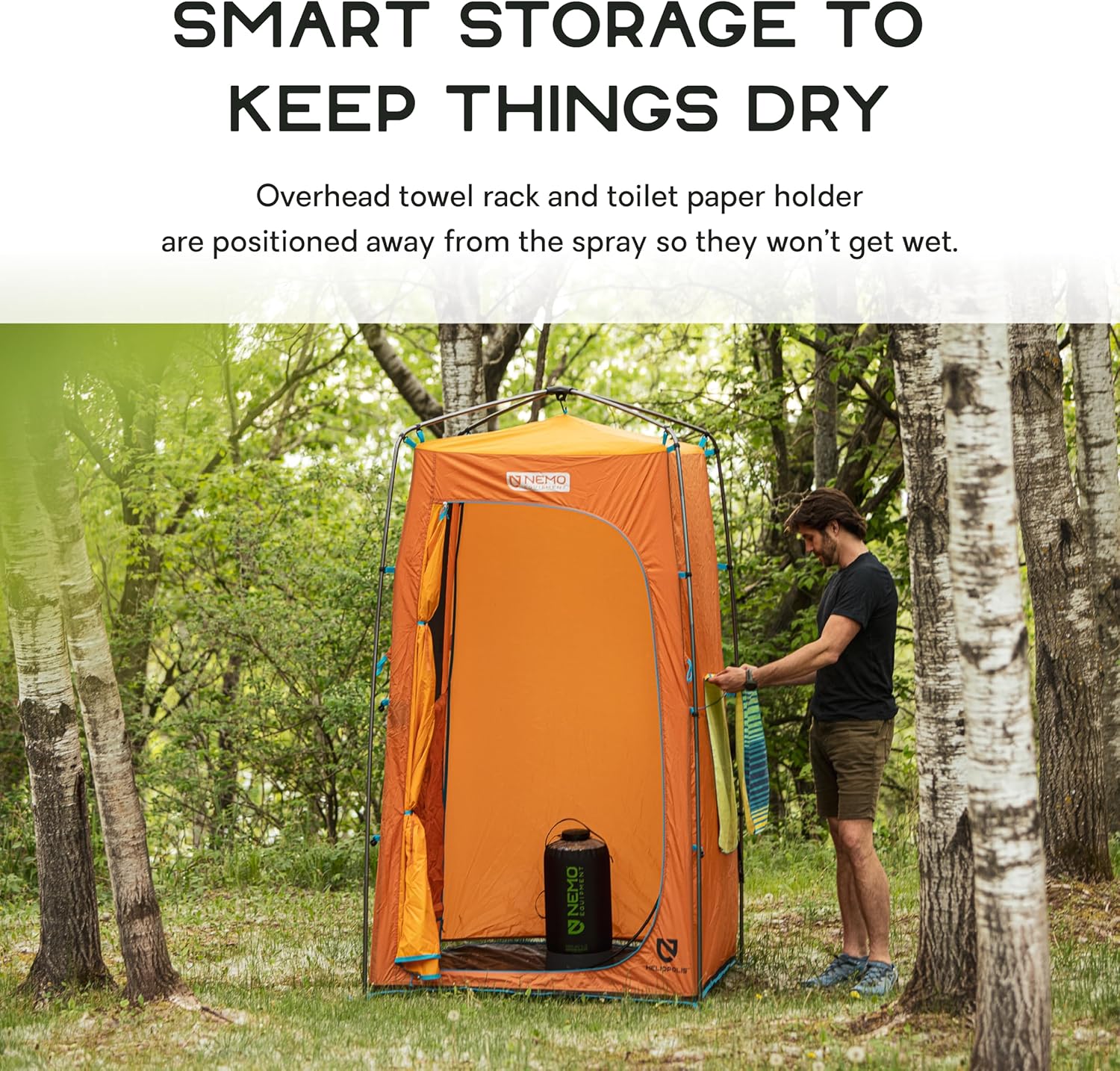 A person hanging a towel on the external clothesline of the NEMO Heliopolis Privacy Shelter.