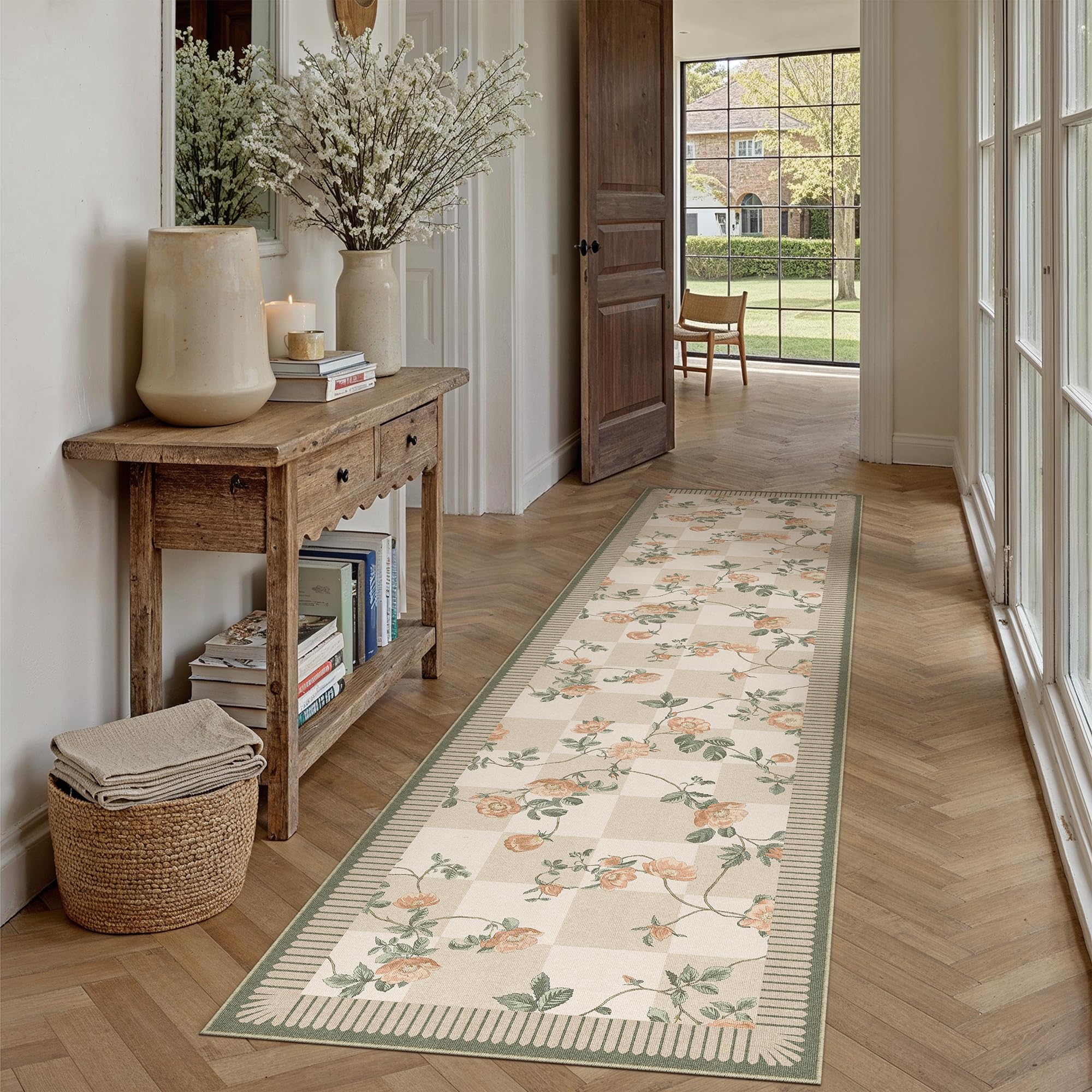 PureCozy Waschbarer Teppich Wohnzimmer Vintage Böhmischen Kariert Flower Tepich
