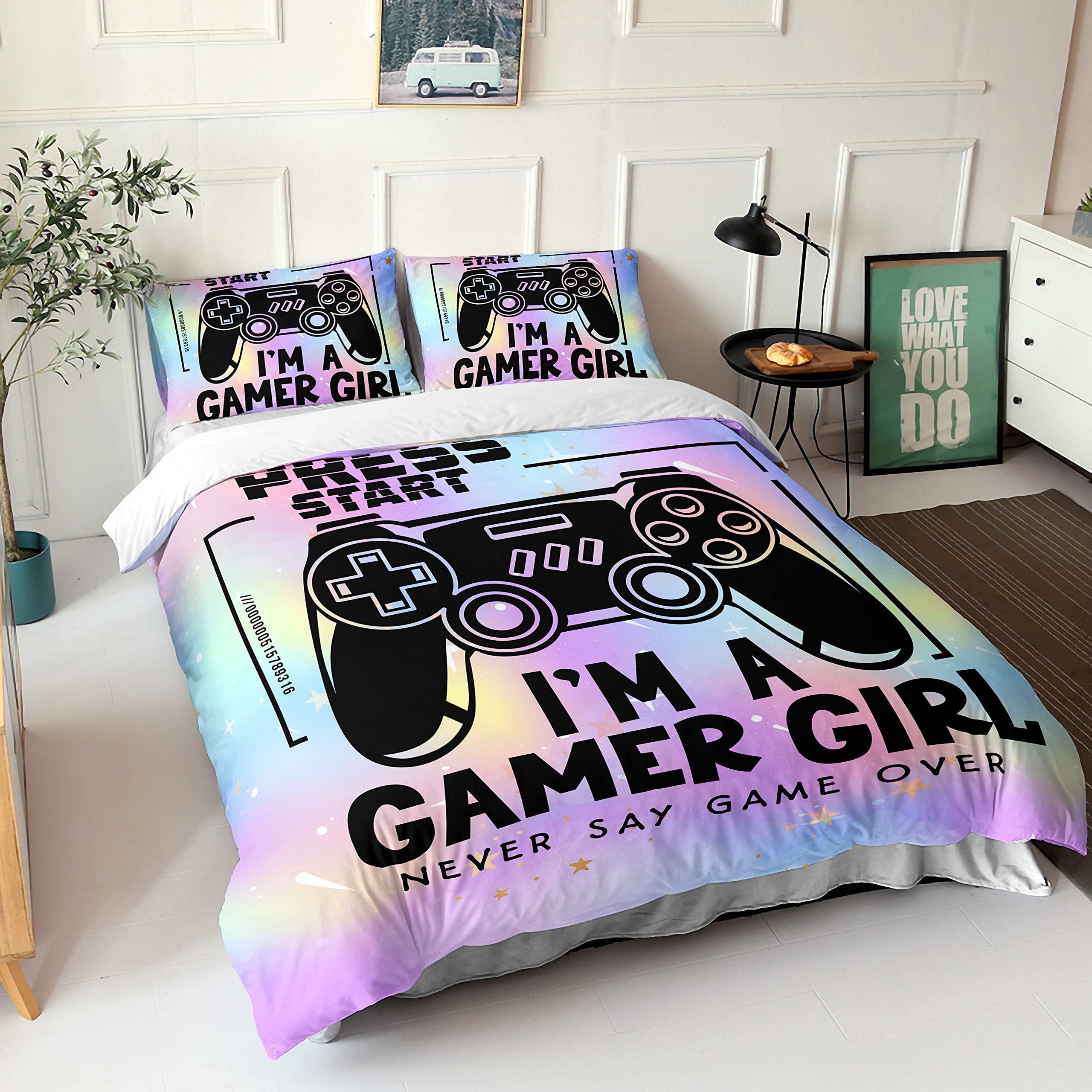 HOSIMA Gamer Duvet Cover Bedding Set for Girls Cartoon Game Console Pattern Video Game Themed Gamepad Colorful Print Comforter Cover with 2 Pillowcases (Double) - Image 3