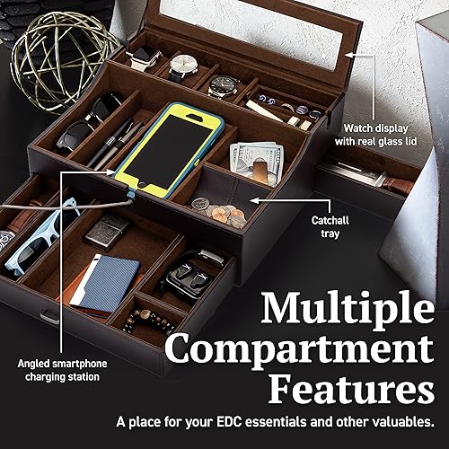 Miniatura 5 de Organizador de caja de valet para hombre, bandeja de valet grande de cuero para hombres, organizador de bandeja de valet para hombre con estación de