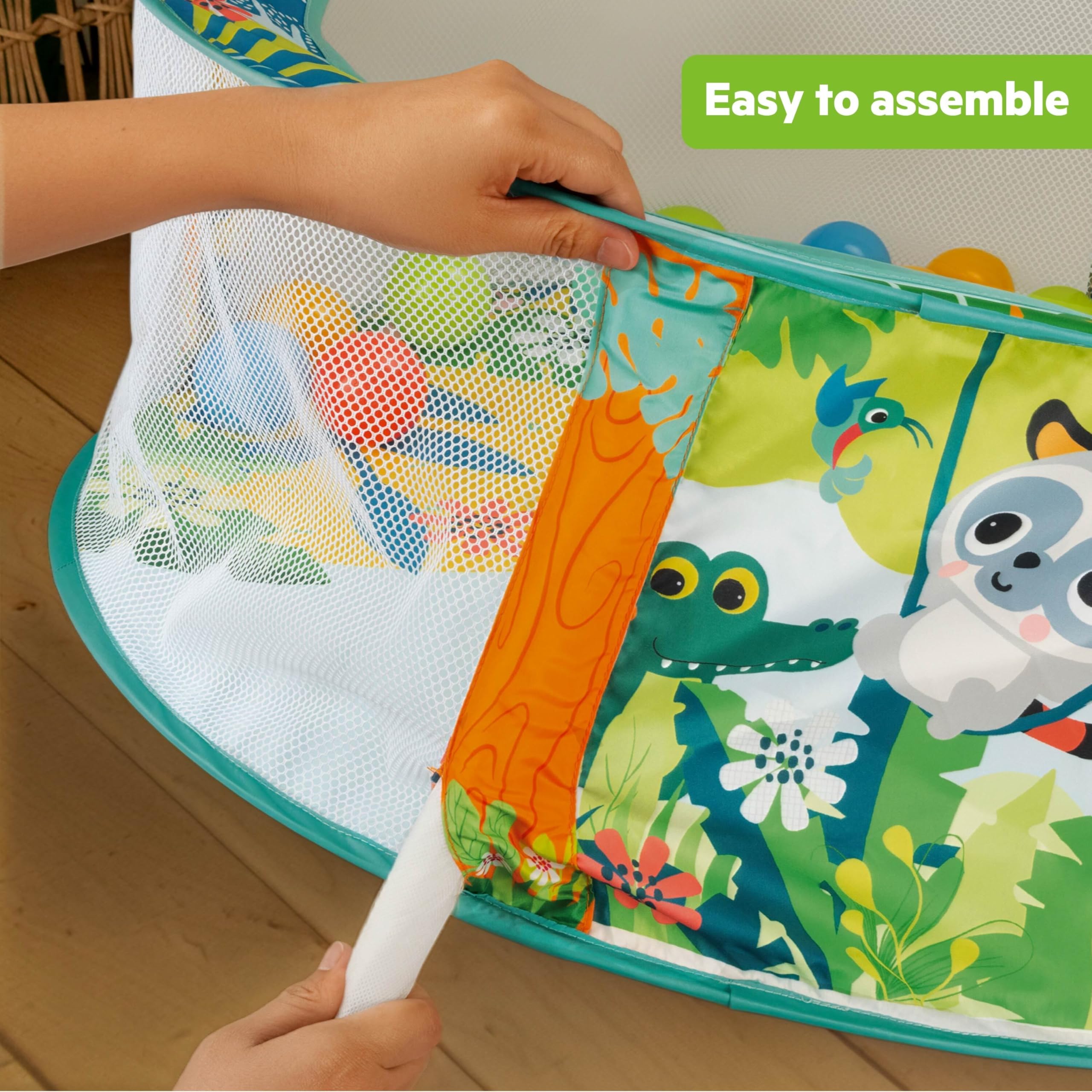 Bright Starts parc à balles pliable Rowdy Rainforest Stow & Go – 20 balles, montage facile et rangement compact, diamètre de jeu 80 cm, paroi en maille avec jeu coucou, sac de rangement inclus, 6M+