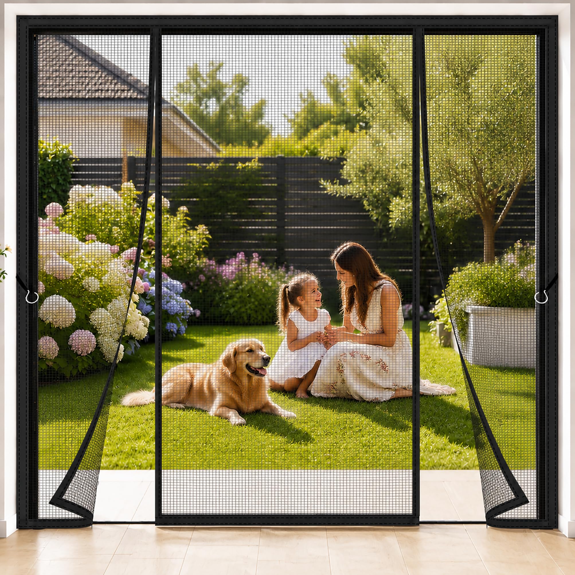 French Door Fly Screen Magnetic Side Opening 145x280cm Black Double Door Magnets Mesh Curtain Screen Magnetic Closure Pet and Kid Entry Friendly for expansive Garden Openings and Rear House exits