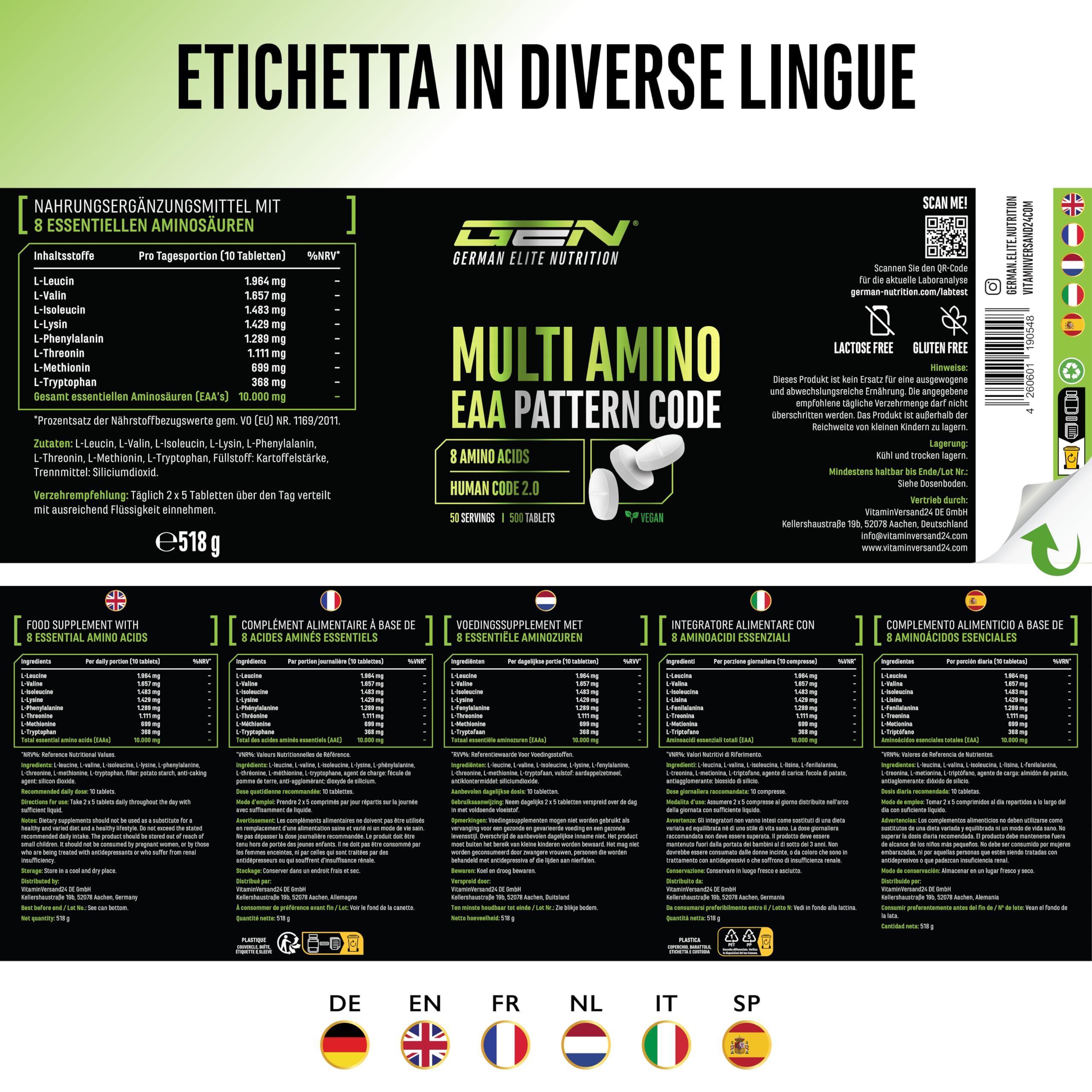 Multi Amino-EAA Pattern Code - 500 compresse da 1000 mg ciascuna - Formula Human Code - Tutti gli 8 aminoacidi essenziali - Da fermentazione vegetale - Alto dosaggio - Vegan