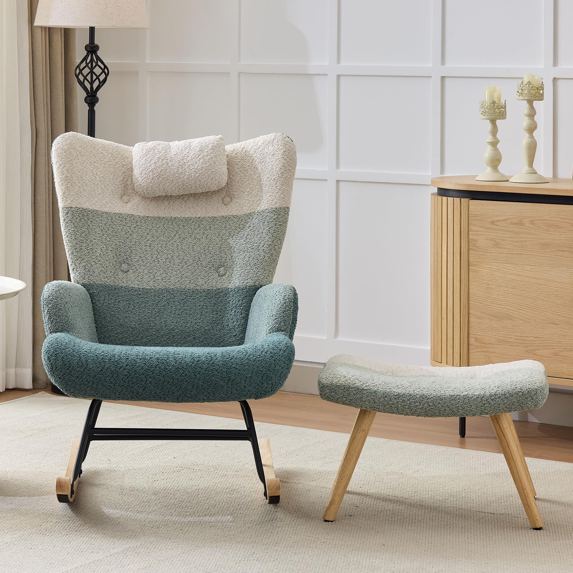 Boucle fotel bujany, w kolorowe paski patchworkowe, nogi z drewna gumowego, stelaż z natryskiwanego żelaza, fotel do salonu, sypialni z podnóżkiem