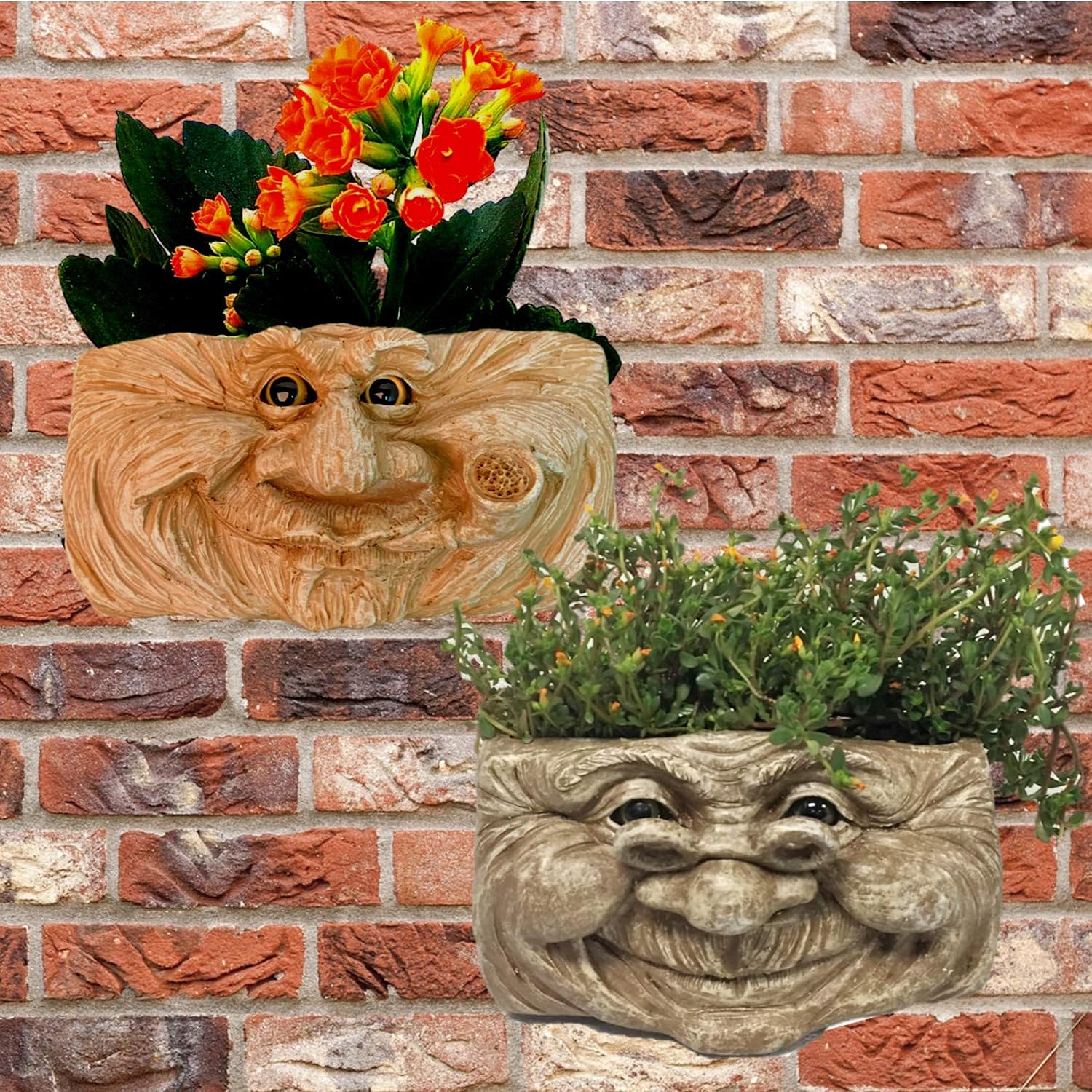 Muggly Grandpa Old Hickory and Grandma Violet Stone Wash The Face Statue Tree & Patio Wall Planter