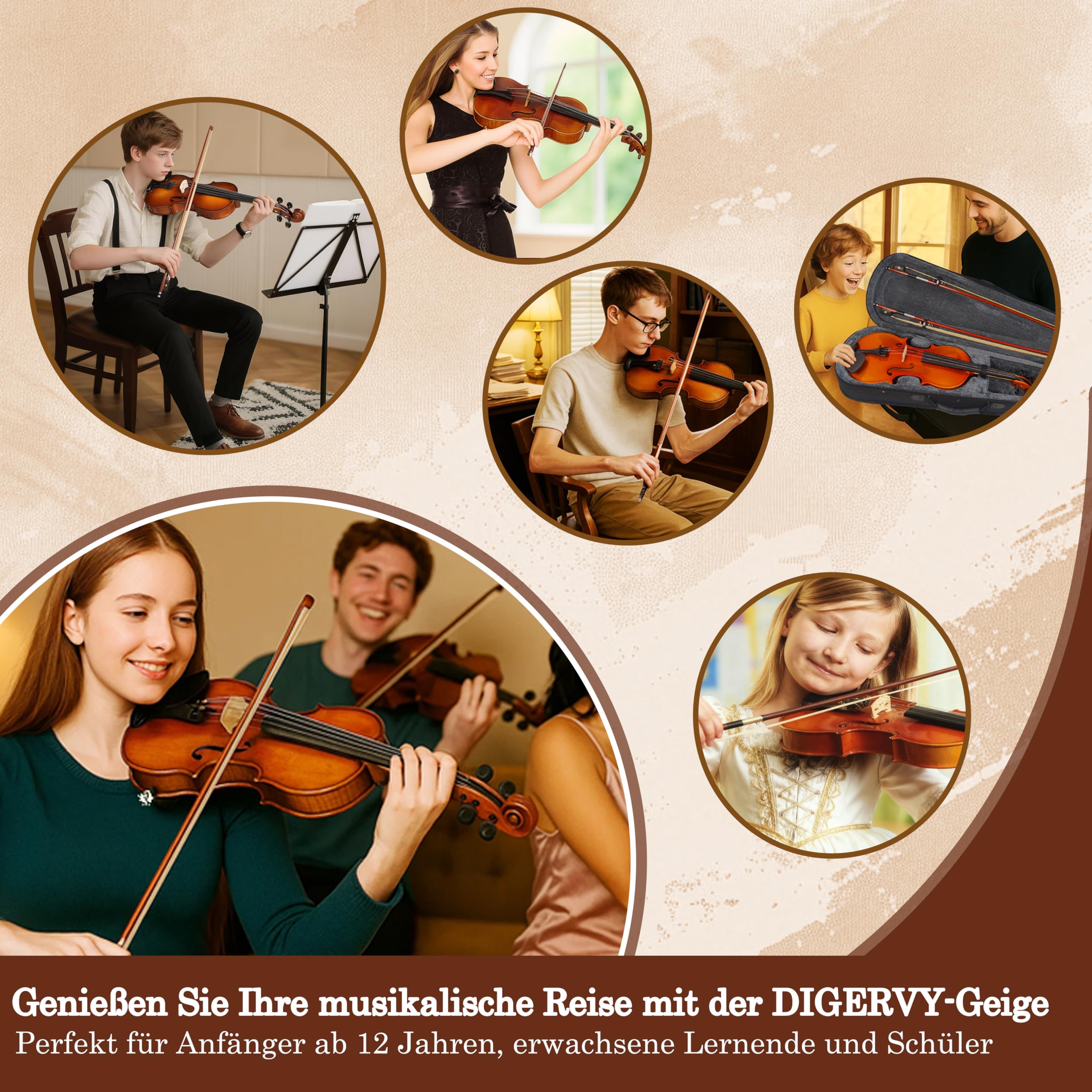 Geige 4/4 Vollgröße – Violine Anfänger Set für Erwachsene & Schüler mit Geigenbogen aus Palisander, Geigenkoffer, Schulterstütze, Ersatzsaiten & Steg – Akustische Einsteiger Geige