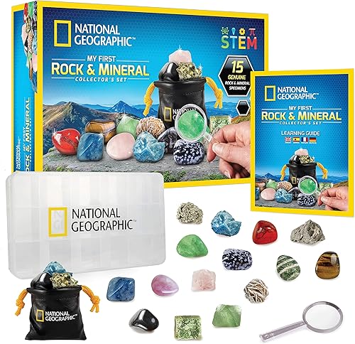 National Geographic Rocks & Mineral Collection - Caja de colección de rocas para niños con 15 piedras preciosas y cristales, geología para niños,