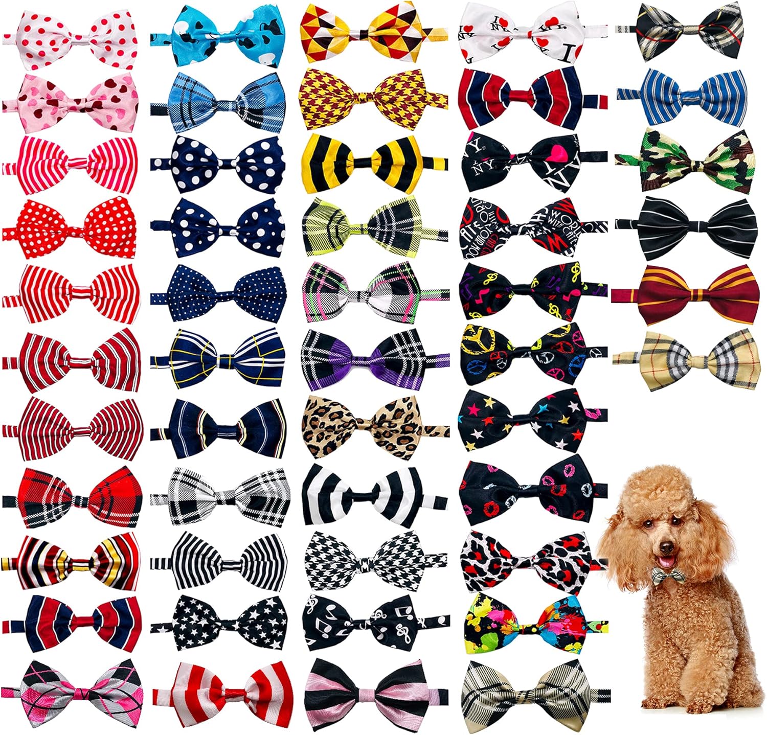 50pcs Small Dogs Bowties Bulk for Puppy Doggy Cat Kitten Rabbit Medium Boys and Girls Bow Ties with Polka Dots Checks Stripes Pet Adjustable Collar Neck Bows Ties Grooming Attachment Accessories