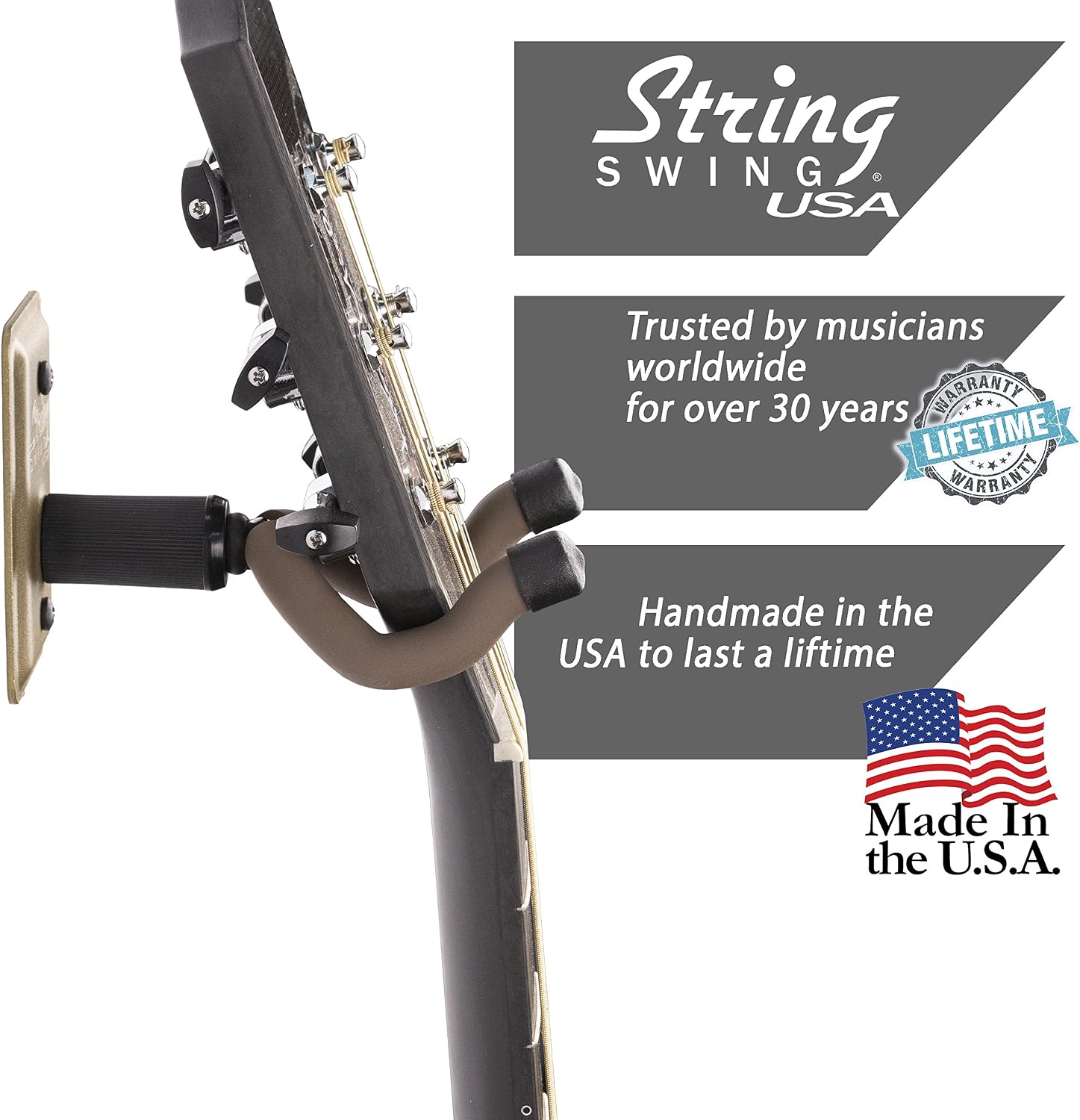 String Swing Guitar Hanger - Holder for Electric Acoustic and Bass Guitars - Stand Accessories Home or Studio Wall - Musical Instruments Safe Without Hard Cases – Matte Gold MGCC11K …
