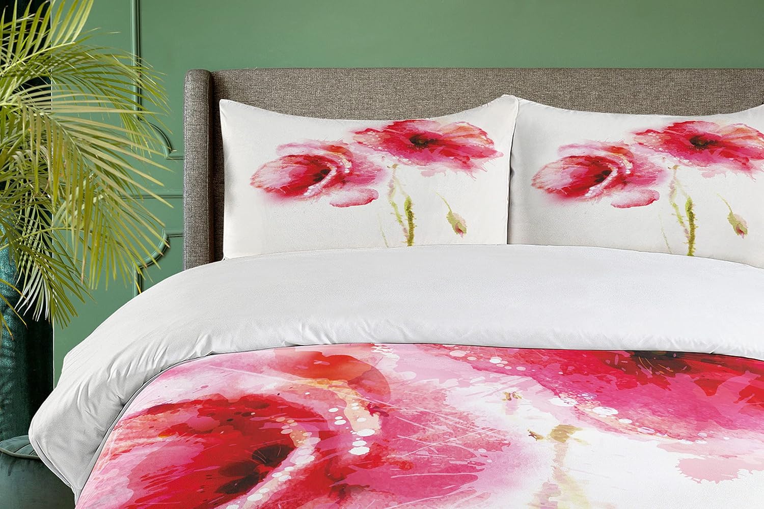 Ambesonne Flower Duvet Cover Set, Little Red Spring Summer Time Garden Florals Field Poppy Artwork, Decorative 3 Piece Bedding Set with 2 Pillow Shams, Queen Size, White Pink Queen White Pink
