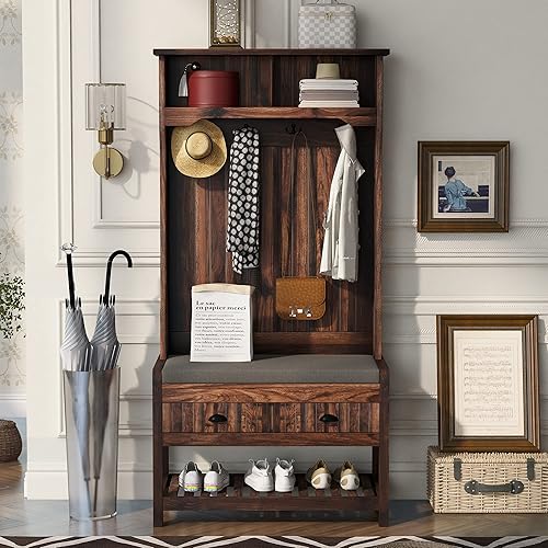 Miniatura 10 de Knocbel Banco de almacenamiento de 69 pulgadas de alto, árbol de pasillo 3 en 1 con compartimentos superiores, 2 cajones, estante inferior de