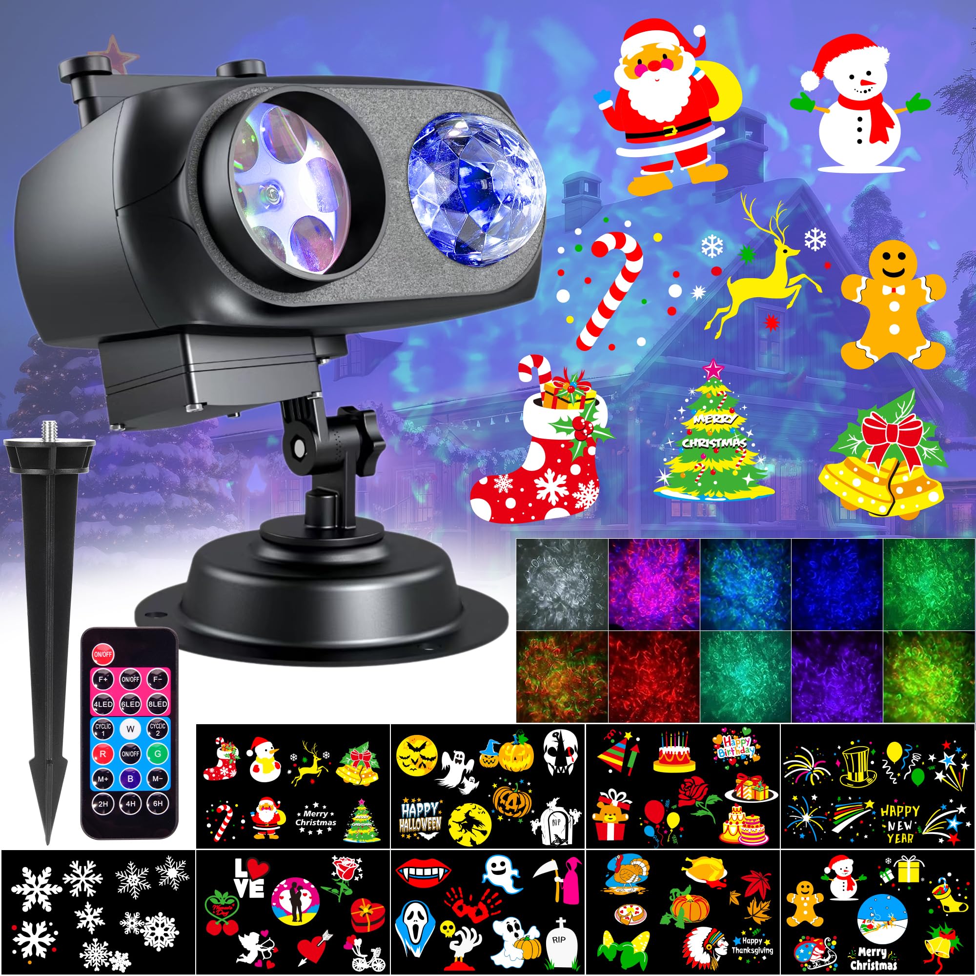 Proyector de luces de Navidad de Halloween para exteriores, luz de proyección navideña mejorada con control remoto, ondas oceánicas 3D y 72 patrones HD, proyector de copo de nieve impermeable 9