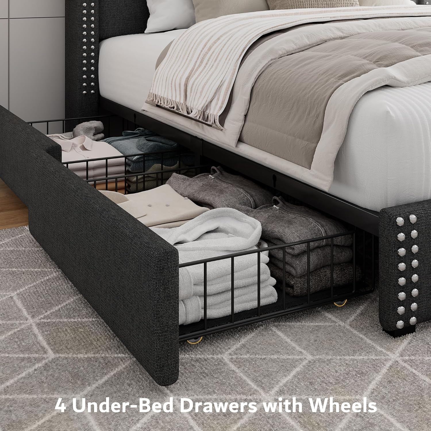 iPormis King Size Bed Frame with 4 Storage Drawers, Upholstered Headboard Bed with Charging Station, Solid Wooden Slats Support, Easy Assembly, Dark Gray