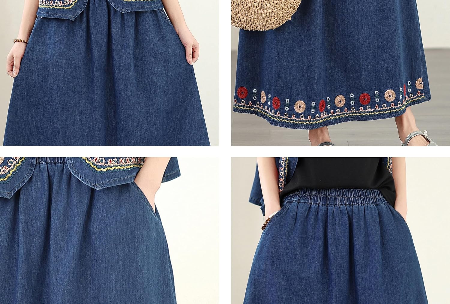 LAI MENG FIVE CATS Women's Embroidered Denim Maxi Skirt Stretchy Elastic Waist Flared Jean Skirts with Pockets