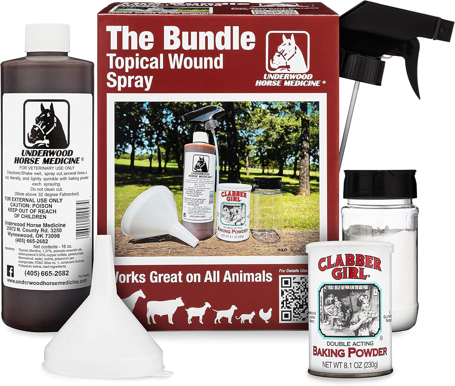 Topical Wound Spray Kit – 16oz Refill Bottle w/Baking Powder, Funnel, Spray Trigger & Shaker – Pet First Aid Kit – Equine First Aid Kit for Horses – Antiseptic Spray for Wounds – Horse First Aid Kit