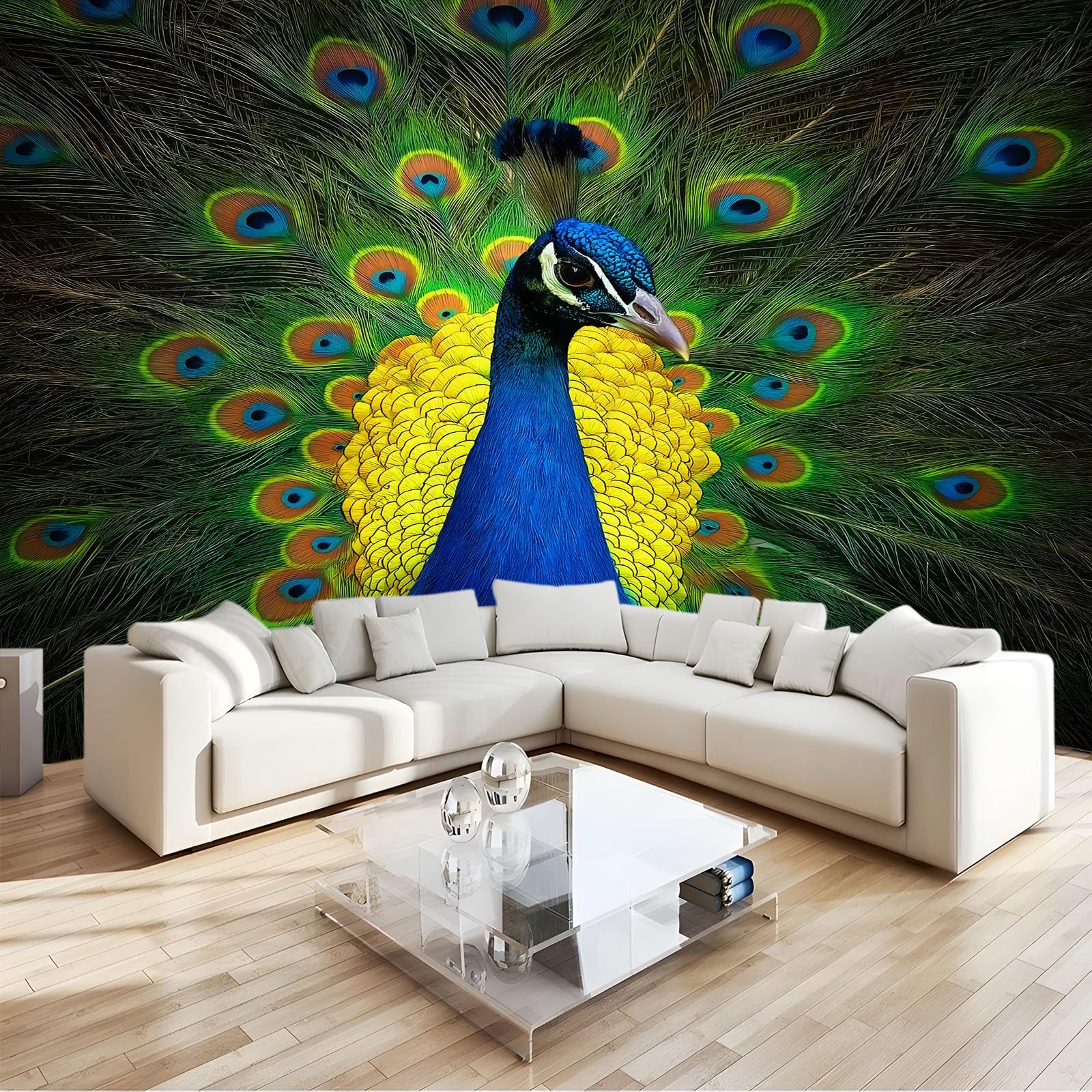 Tapeta mural 3D panoramiczny fototapeta 200 x 140 cm dzikie zwierzęta pawie tło ściana dekoracja wnętrza tapeta, zielony efekt 3D plakat dekoracja do sypialni salonu