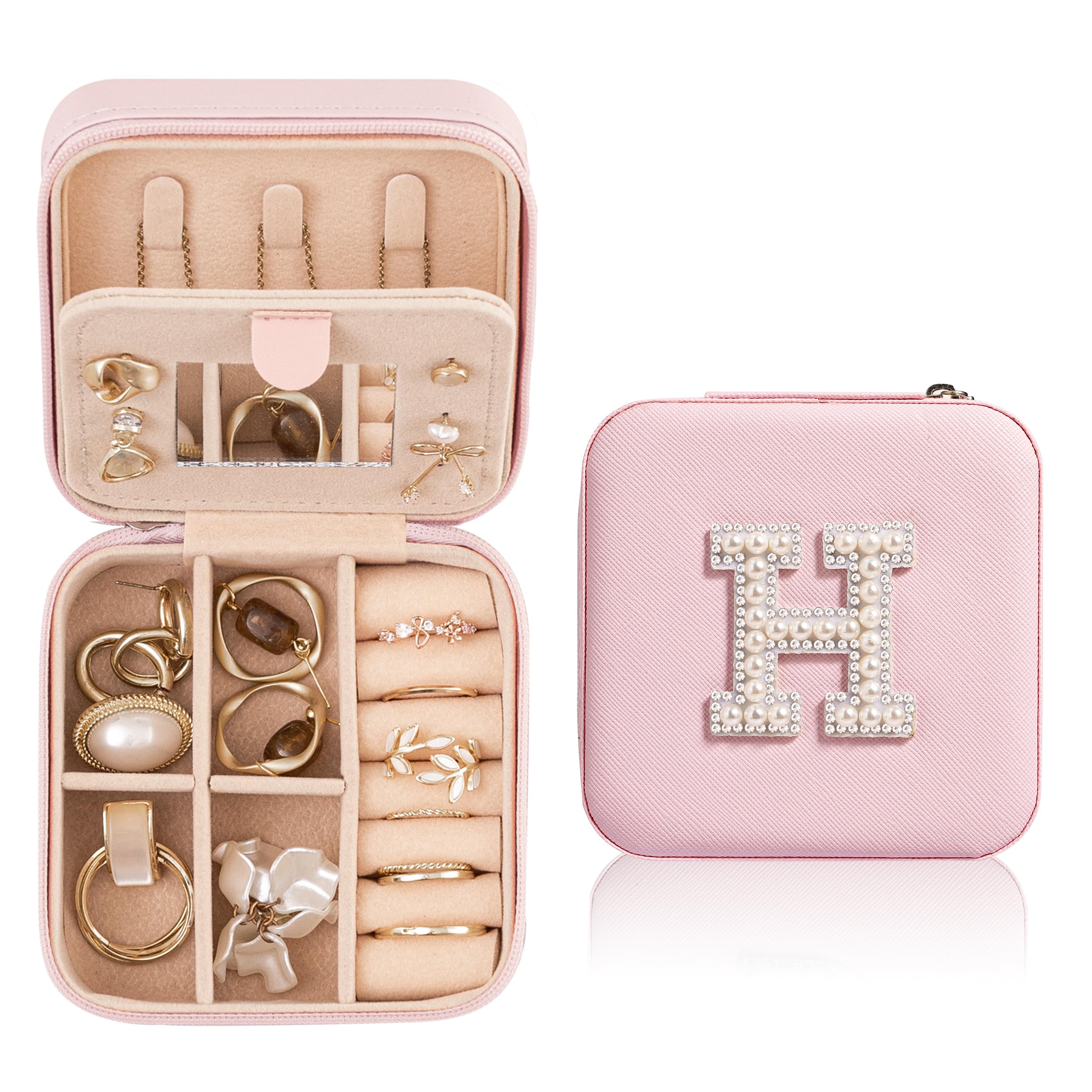 HBselect Travel Jewelry Case for Women Fashion, H Initial Jewelry Case| Travel Jewelry Case Organizer| Small Pink Jewelry Case| Mini Jewelry Travel Case for Girls Jewelry Box| Teen Girl Gifts Trendy Stuff