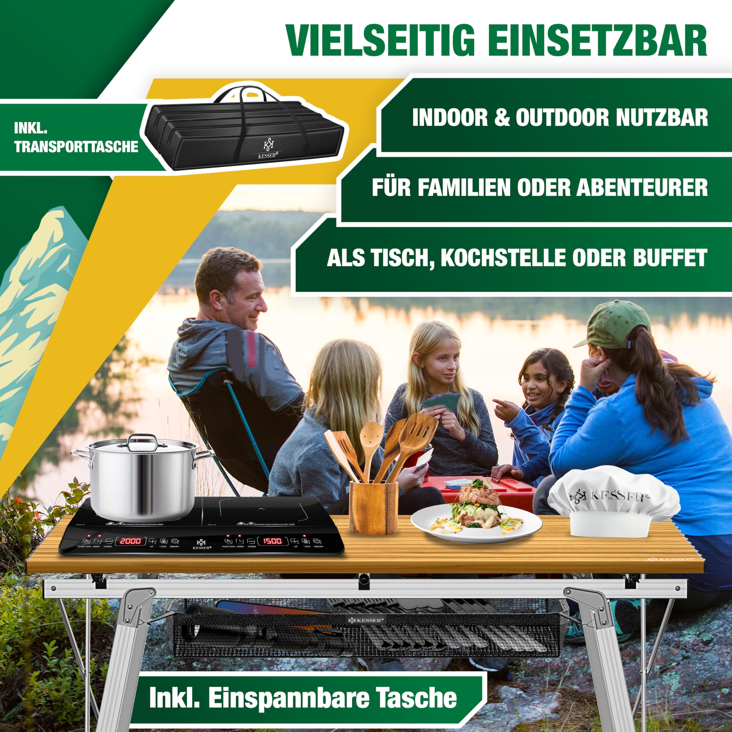 KESSER® Campingtisch faltbar Klapptisch mit Aluminiumrahmen Aufrollbare Tischplatte Falttisch klappbar Höhenverstellung 120x70cm - bis 100kg inkl. Tragetasche mit Trageband & Netztasche, Holz-Optik