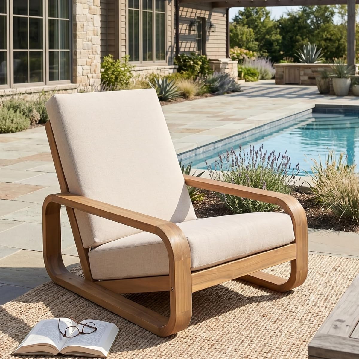Tustin Acacia Wood Lounge Chair Outdoor with Removable Cushion, Solid Wood Patio Accent Chair with Cushion, Patio Furniture Set Sofa Chair, Light Teak+Beige