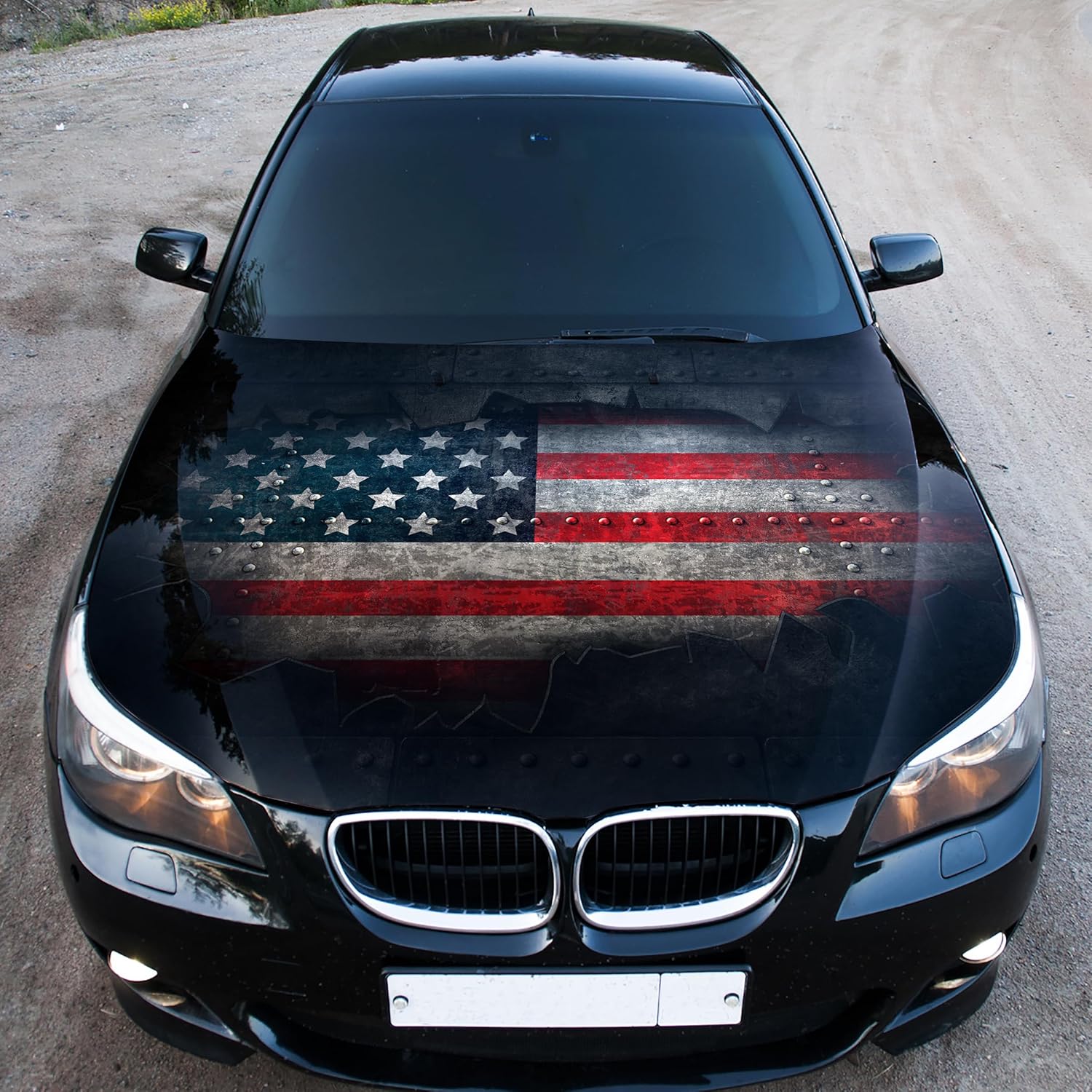 Patriotic Ripped Metal Flag Car Hood Wrap – Custom Vinyl Graphic Decal for Cars, Trucks & SUVs – Glossy Laminated Vinyl