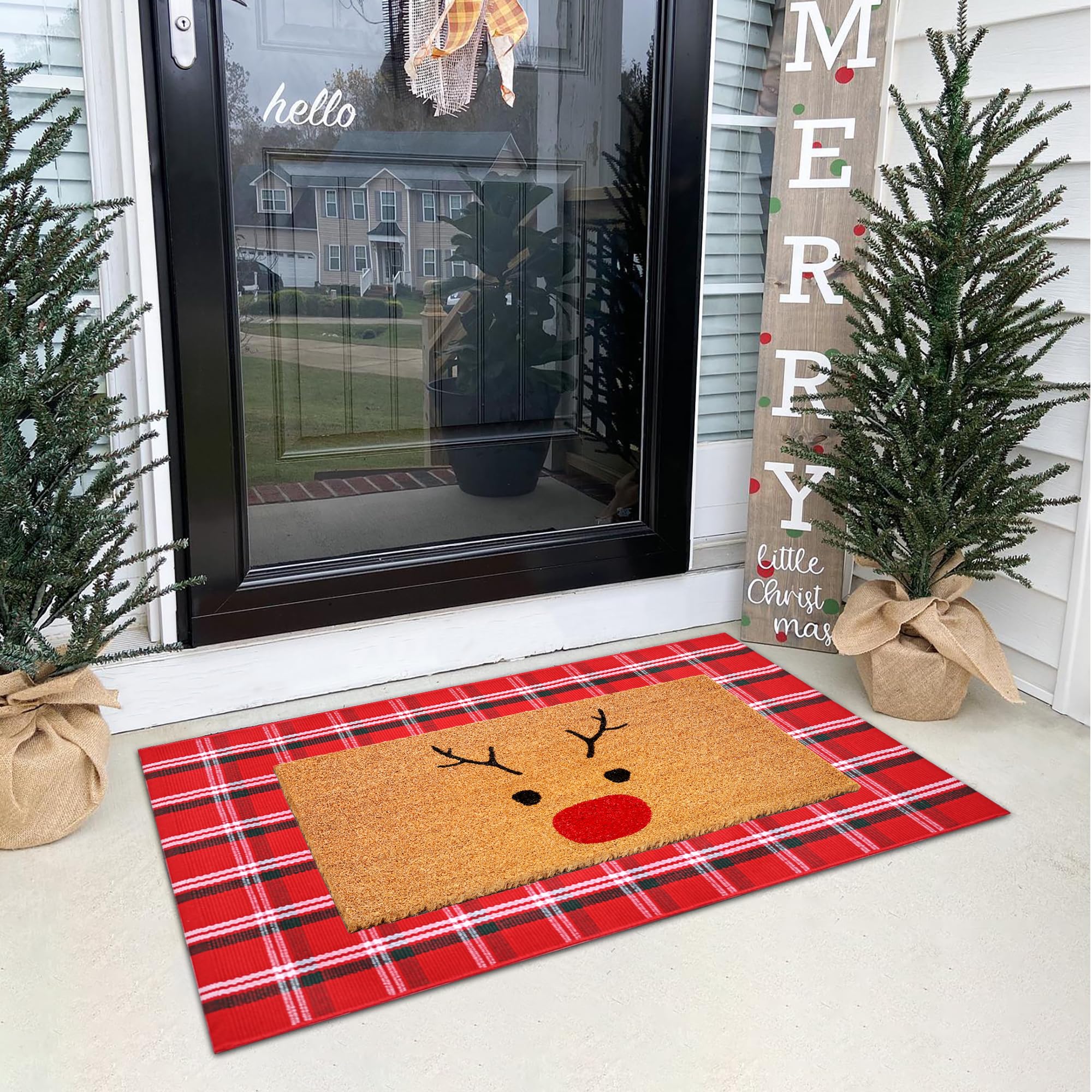 Christmas Door Mat Combo Set, 100% Coco Coir Welcome Mat + 28 x 43 Inches Red Green White Plaid Rug - New Year Holiday Christmas Deer Collection Doormat for Front Porch Entryway Decor