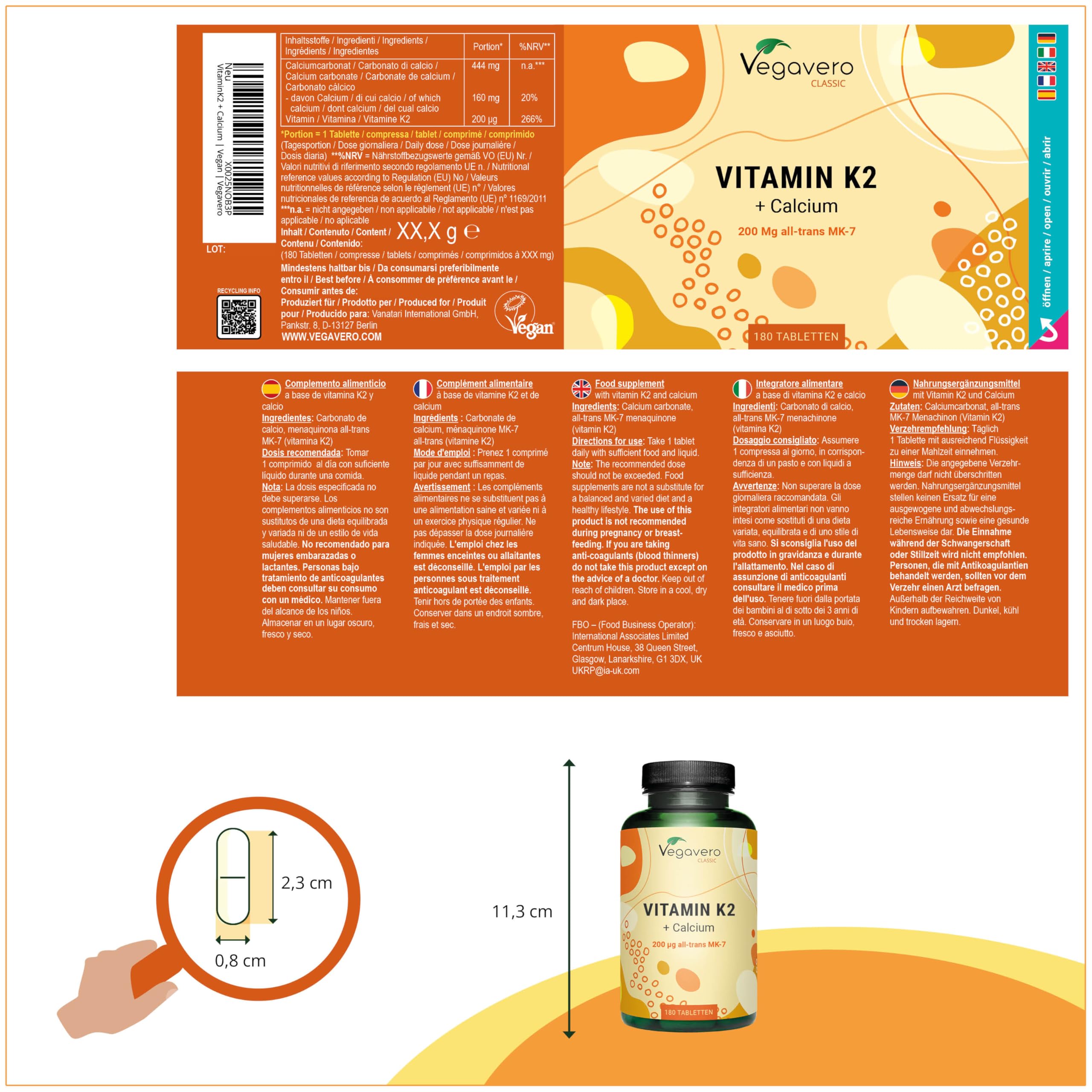 Vitamine K2 MK7 All-trans + Calcium | Dosage Elevé : 200 mcg Vit K2 | Le Seul Sans Additif | Coagulant Sang + Anti Inflammatoire | Vegavero®