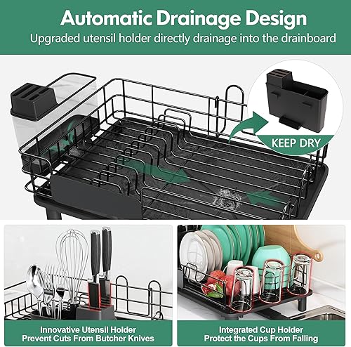 Miniatura 4 de MAJALiS Escurridor de platos para fregadero de cocina, escurridor de platos de acero inoxidable duradero con tabla de drenaje, soporte para