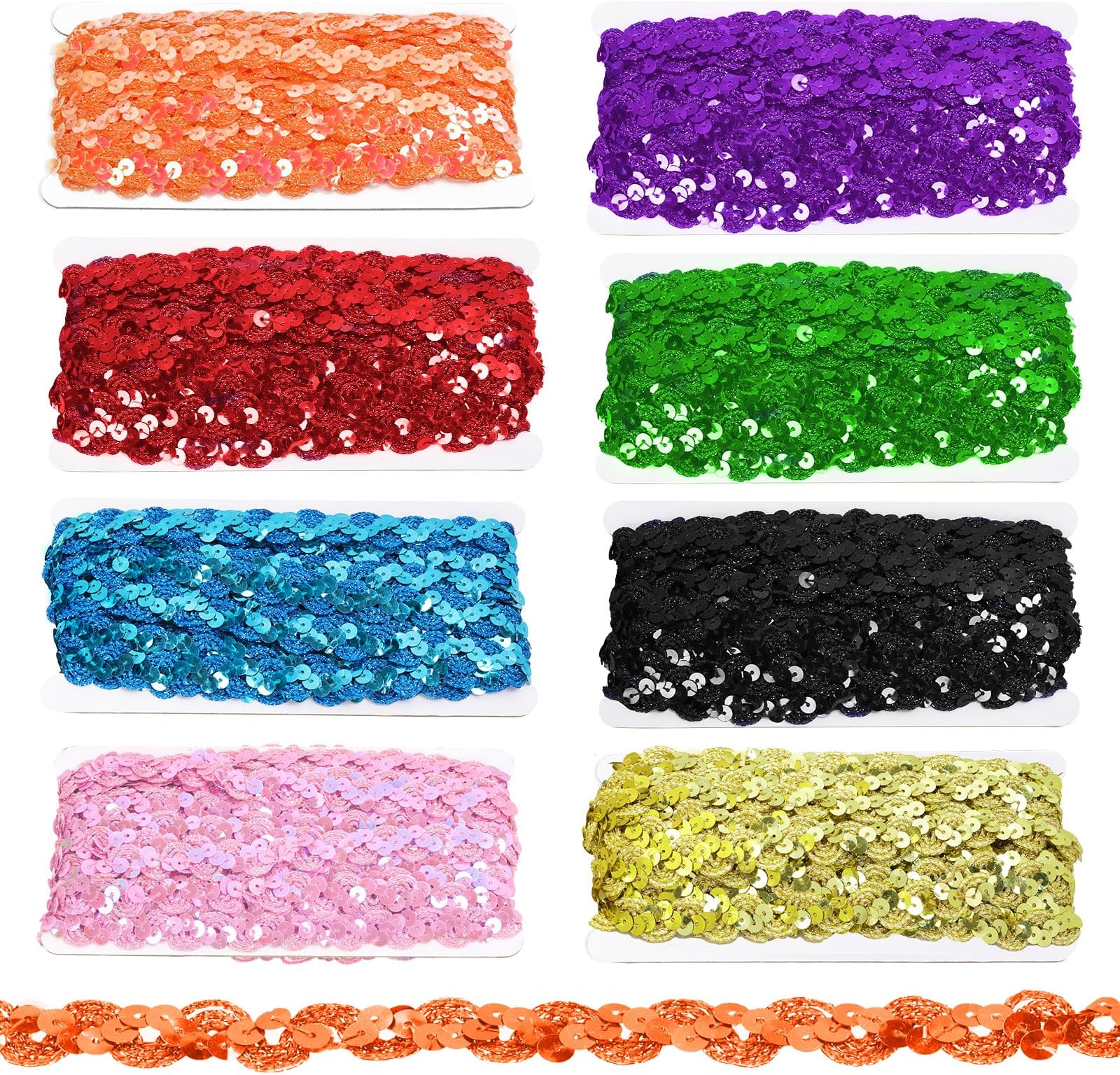 Tanstic 8Rolls 1.5cm x 4.6m Sequins Beaded Lace Trim Set, 8 Colors Wave Sequin Braid Trim Strip, Fabric Metallic Stretch Sequins Band for Crafts, Embellishments, DIY Sewing Costume