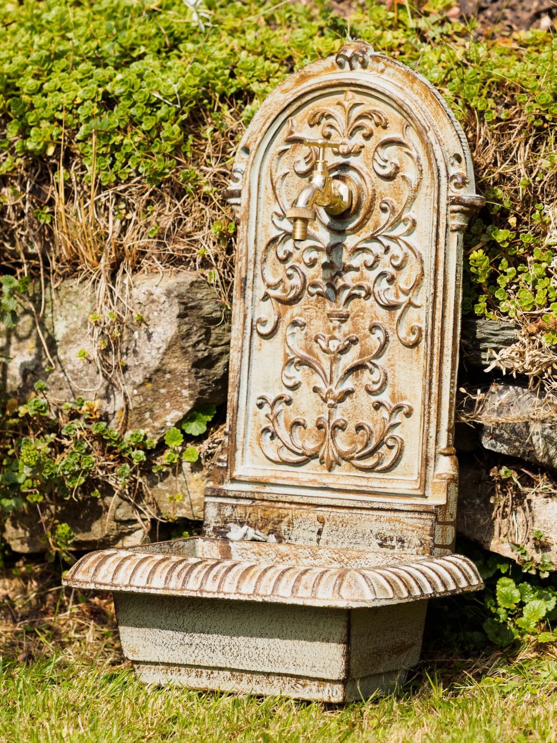 aubaho Brunnen 66cm Waschbecken Brunnen Eisen grün Wandbrunnen antik Stil Gartenbrunnen
