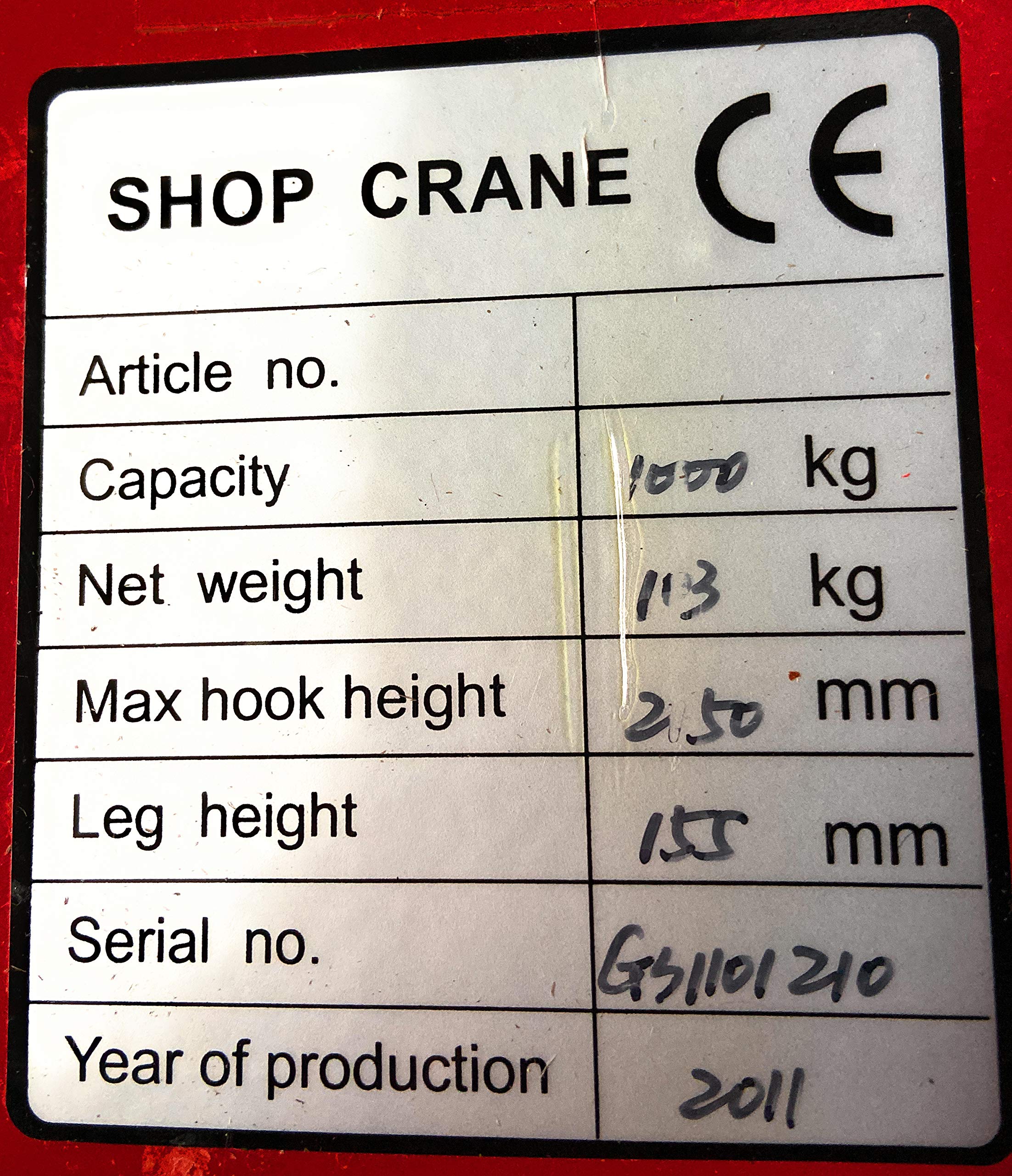 Grue d'atelier Euro palette charge 1 tonne