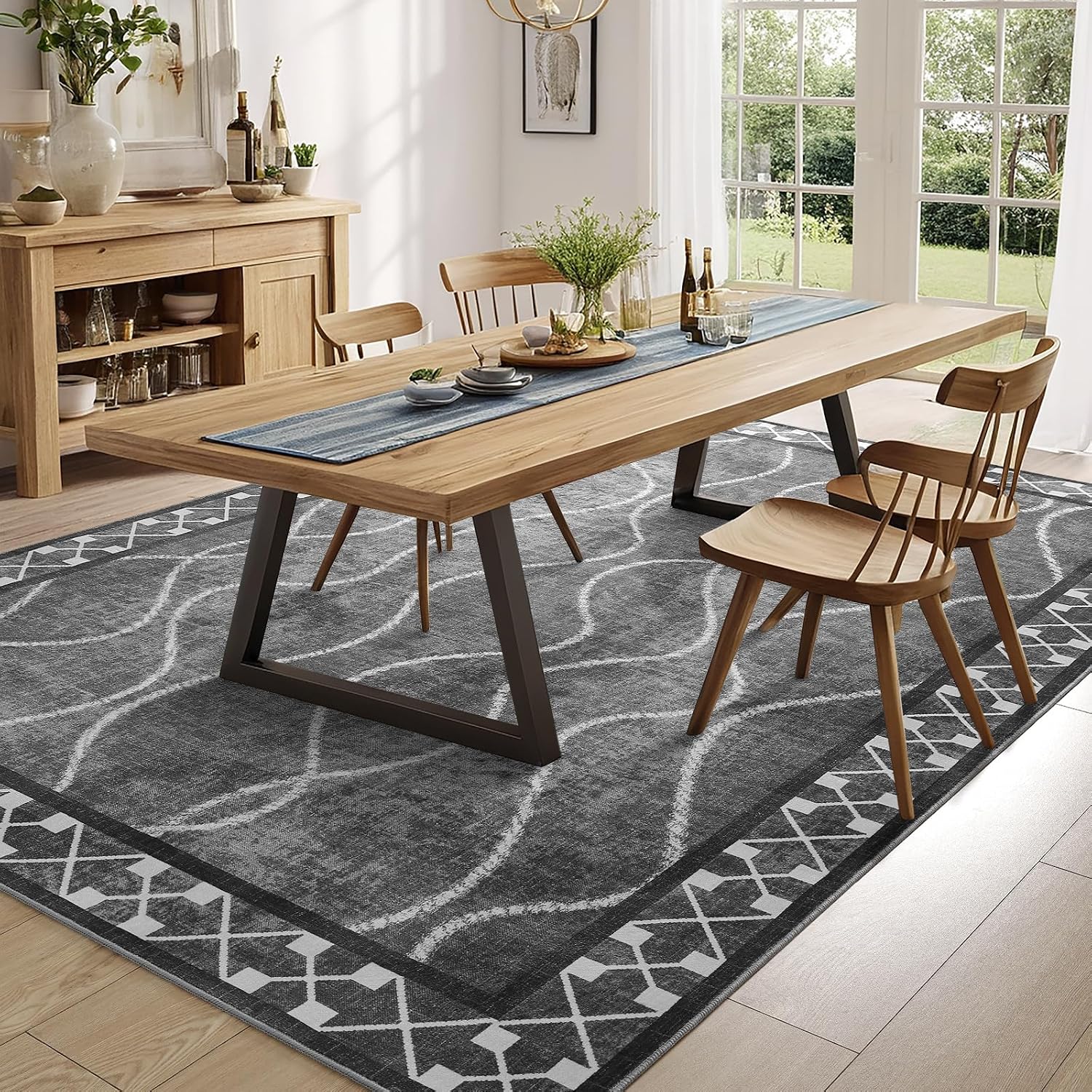 Area Rugs 6x9 Washable Rug, Non-Slip Rugs for Living Room, Low Pile Bordered Rugs Alfombras, Large Print Rubber Backing Indoor Carpet for Home Decor Bedroom Nursery Dining Room, Dark Grey