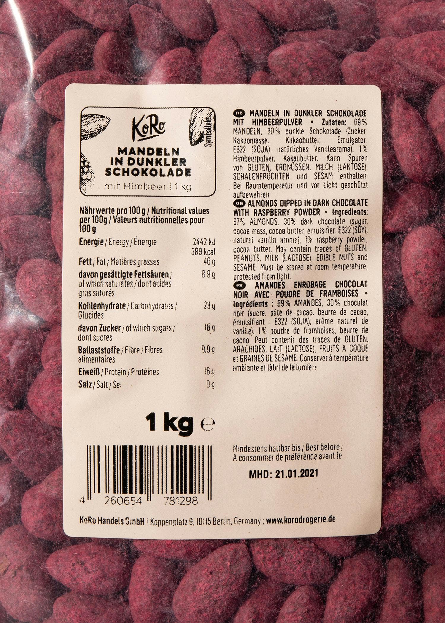 KoRo - Amandes au chocolat poudre de framboises lyophilisées 1 kg - Une tentation chocolatée