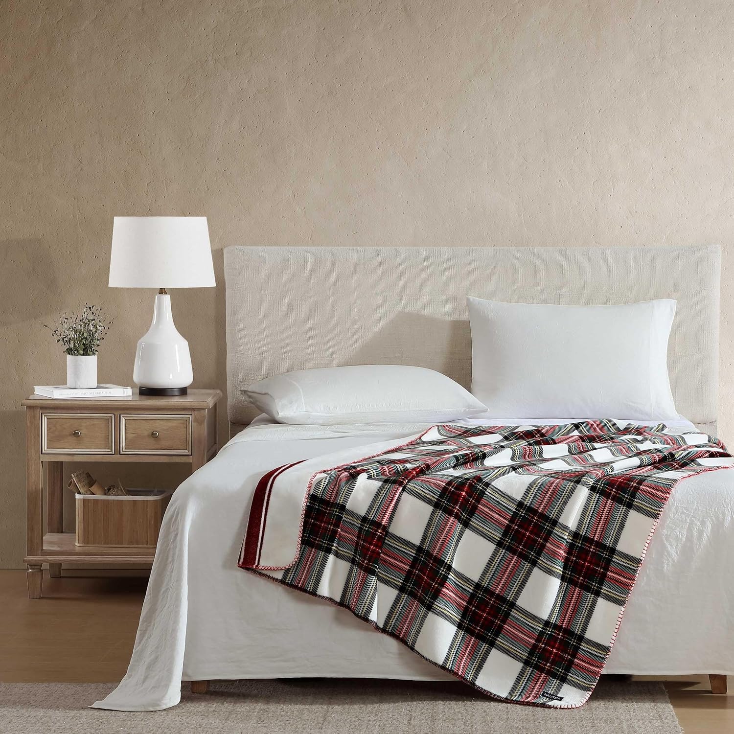 Nautica - Blanket, Ultra-Soft Plush Throw Blanket, Reversible & Oversized Bedding for Couch or Bed (Hillcrest Plaid/Stripe Red, 50" x 70")