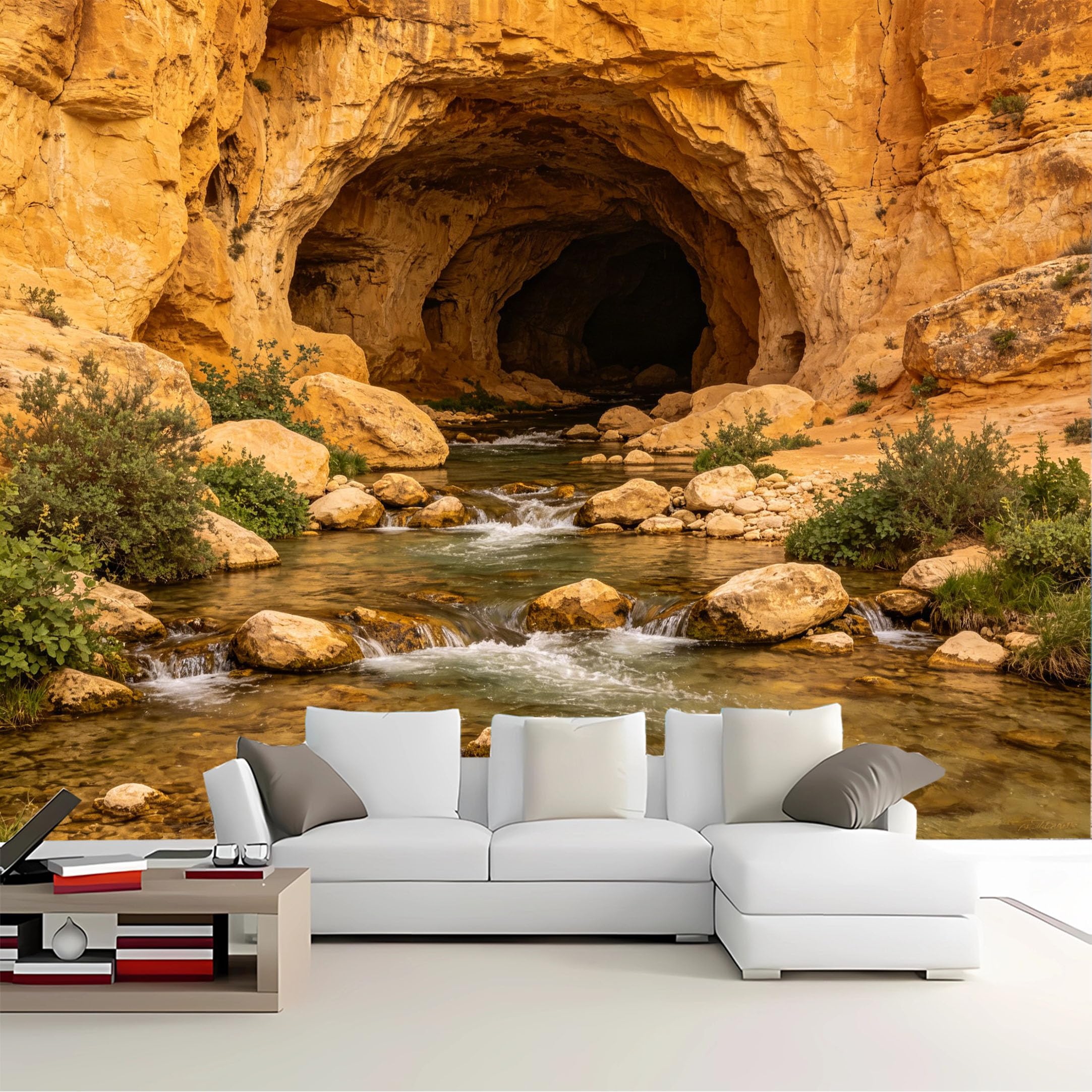 Custom Size Wall Mural Cave View Desert Canyon Stream Removable Self Adhesive Peel and Stick Wallpaper for Bedroom Living Room Dining Room