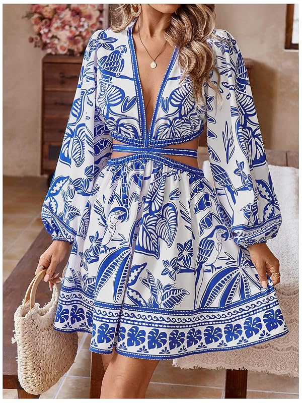 Floerns Women's Tropical Bishop Sleeve Mini Dress Cut Out Tie Back V Neck Beach A Line Dresses Blue Medium by Floerns - Used condition - Image 5