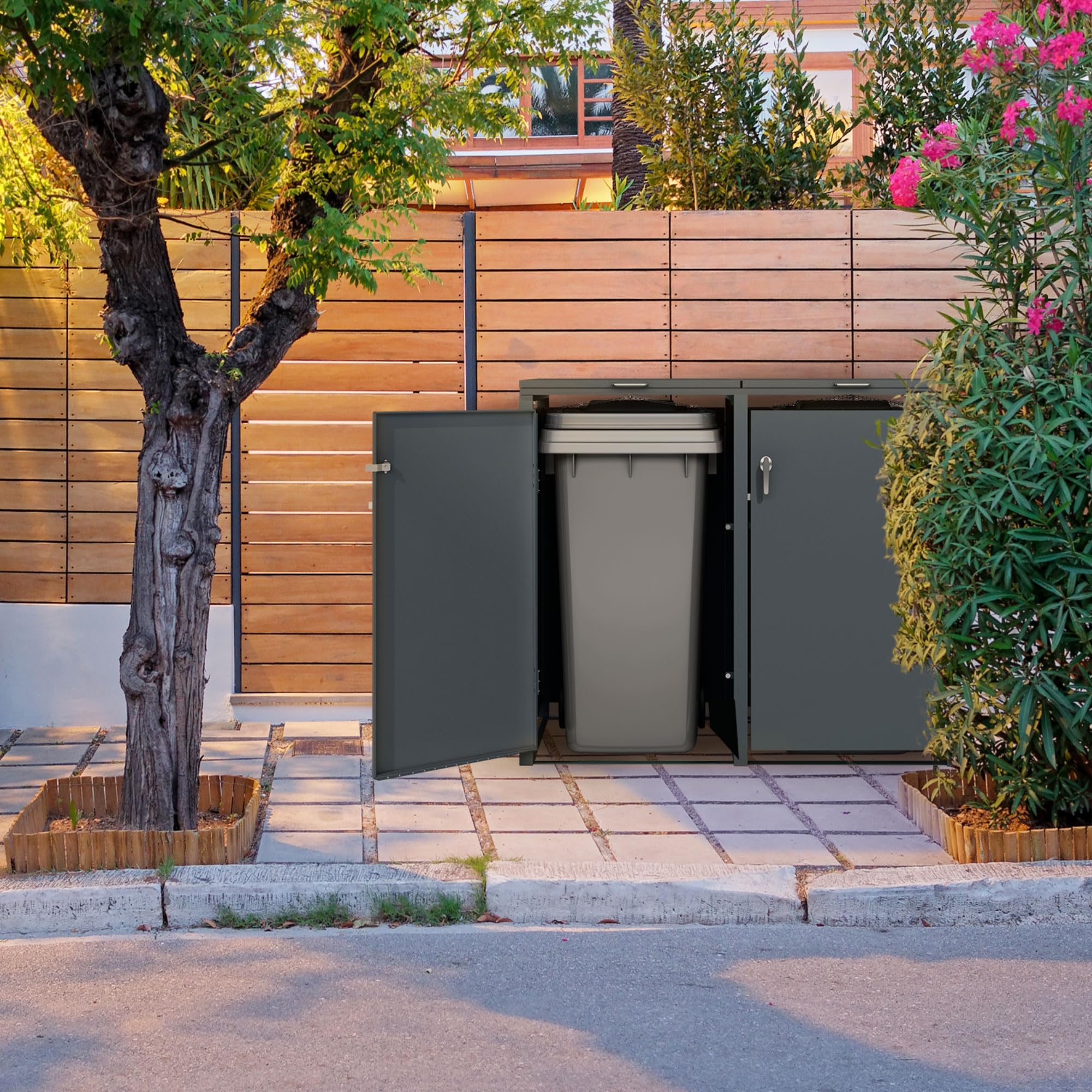ML-Design Abri de Poubelle, pour 2 Conteneurs à Ordures, 240L, 132x80x116,3 cm, Acier, Anthracite, Conteneur avec Couvercle Rabattable, 2X Portes à Poignées, 4 Clés, Résistant aux Intempéries