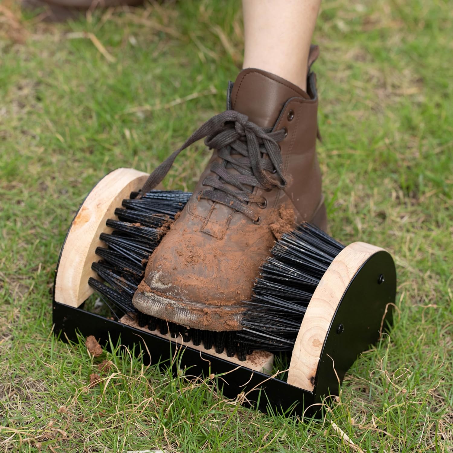 Heavy-Duty Black Metal and Wooden Boot Scraper with Brushes