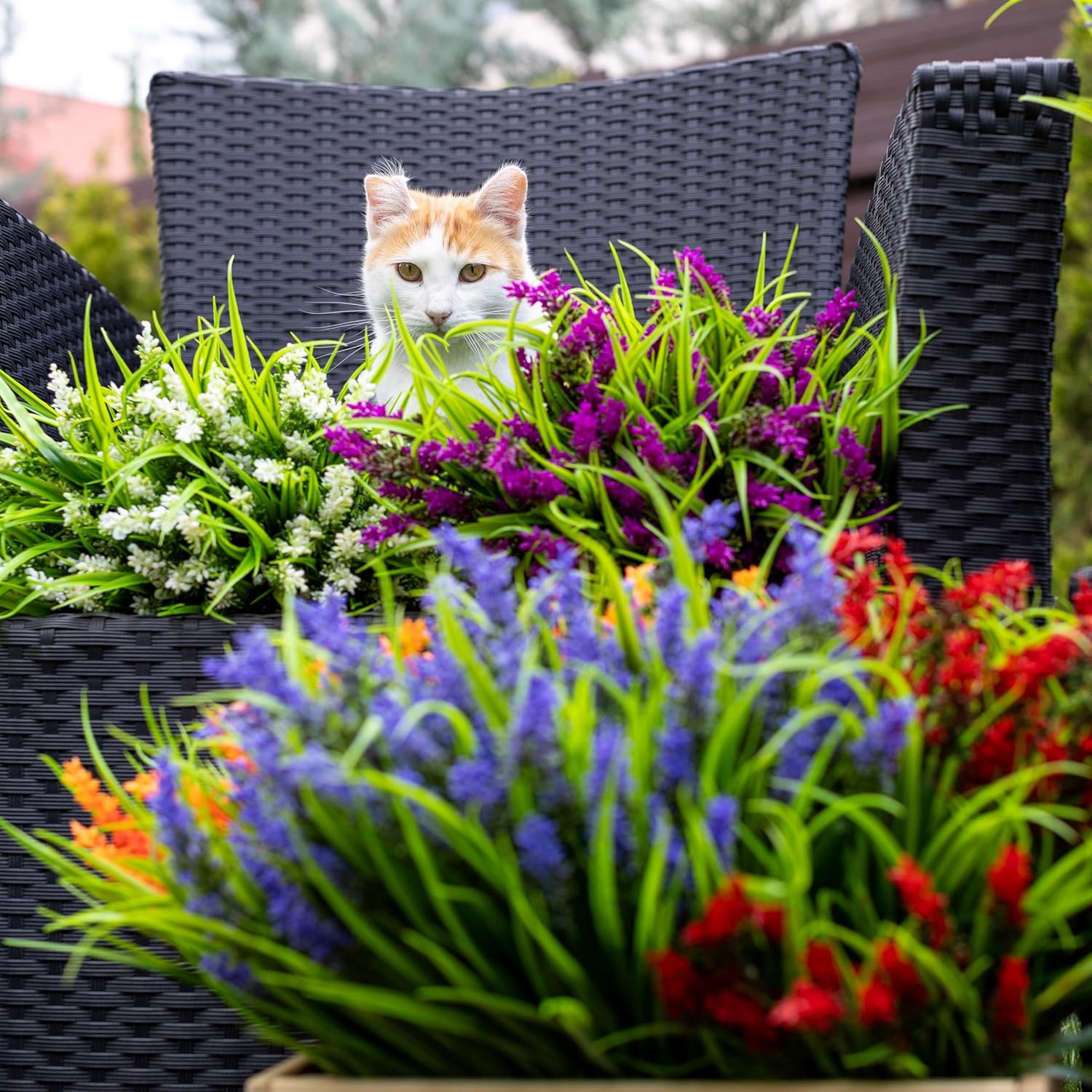 AXYLEX Artificial Flowers for Outdoors Plants - 20 Bundles Fake Lavender Plastic Faux Monkey Grass UV Resistant for Home Decorations (20, White)