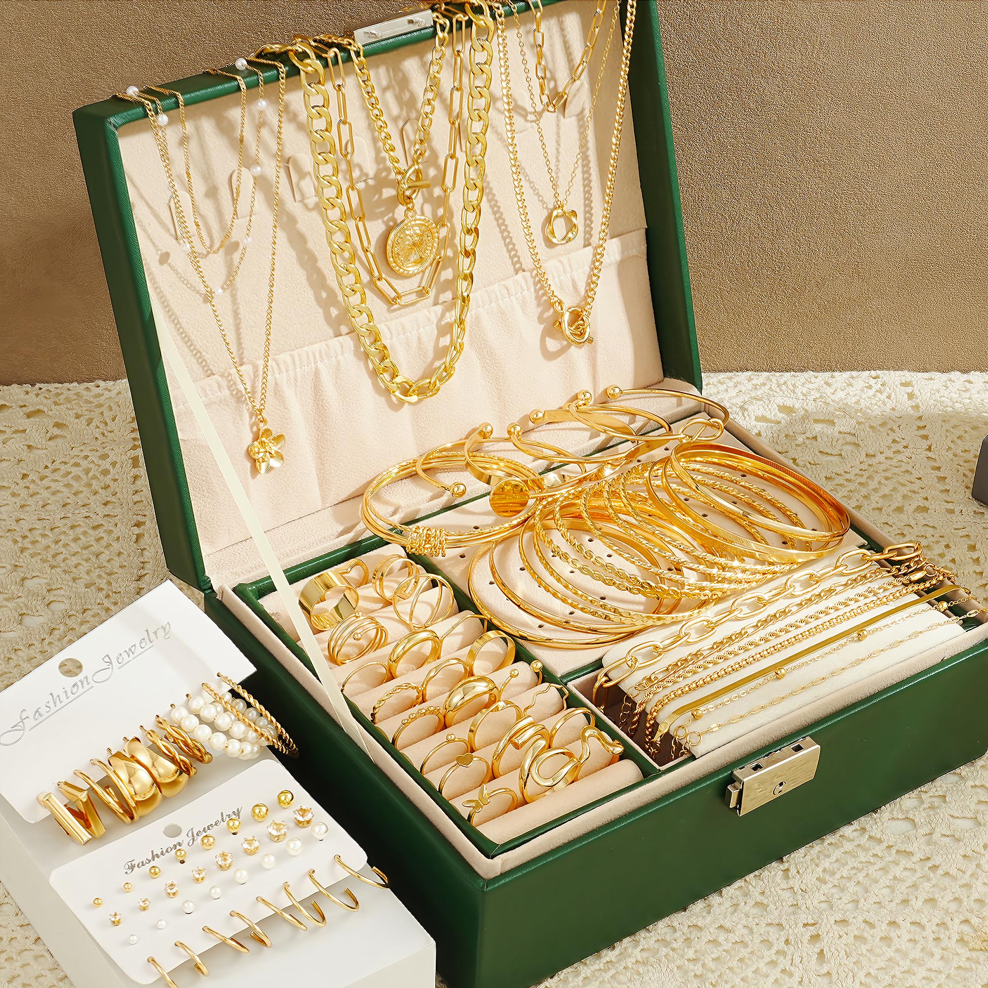 17 MILE 78 Pieces Gold Jewelry Set for Women, 9 Necklace, 24 Bracelet, 22 Earrings, 23 Knuckle Rings Gold Plated Jewerly set for Women Gift