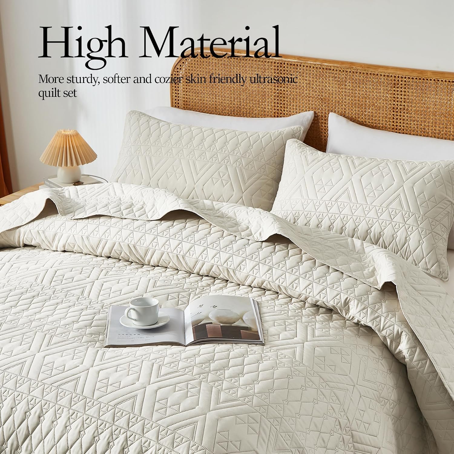 akkialla 118"x106" Cream California King Quilt Set, Oversized Floor-Length Bedspread, Boho Geometric Pattern Microfiber Coverlet, 3-Piece All Season Bedding with 2 Pillow Shams image 3