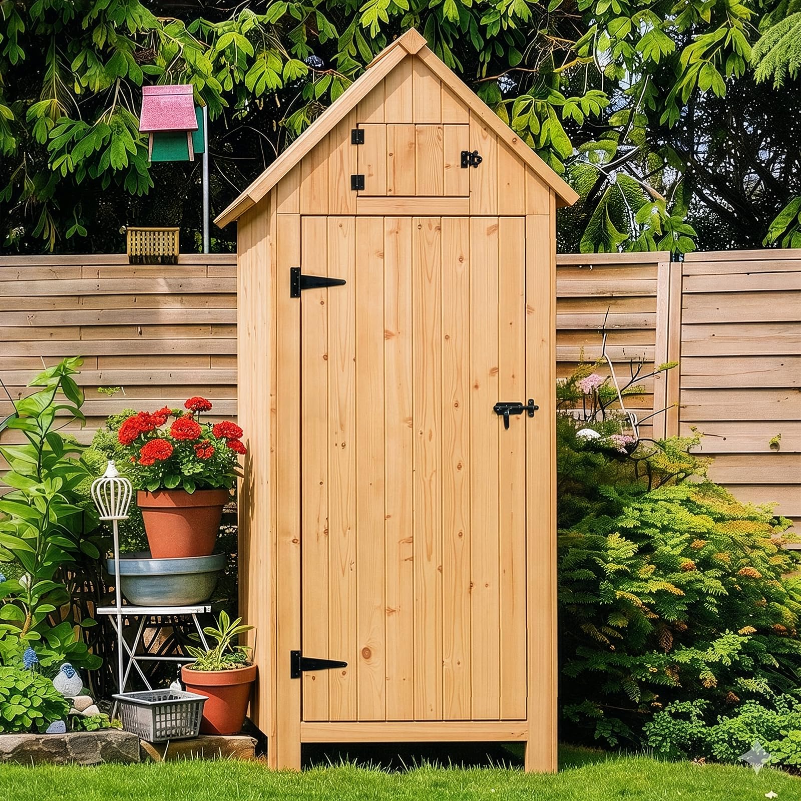 Wooden Garden Shed with Single Door and Slope Roof, Outdoor Storage Shed, Waterproof Utility Wooden Lockers, 77 x 54.3 x 179 cm, Wood Color — view 2
