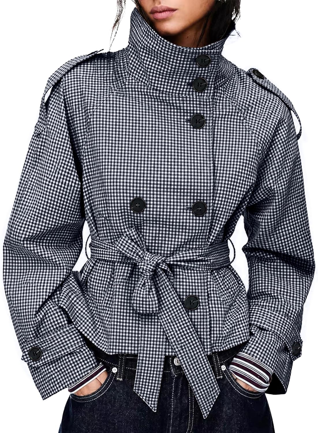 Women's Gingham Trench Coat Double Breasted Short Jacket