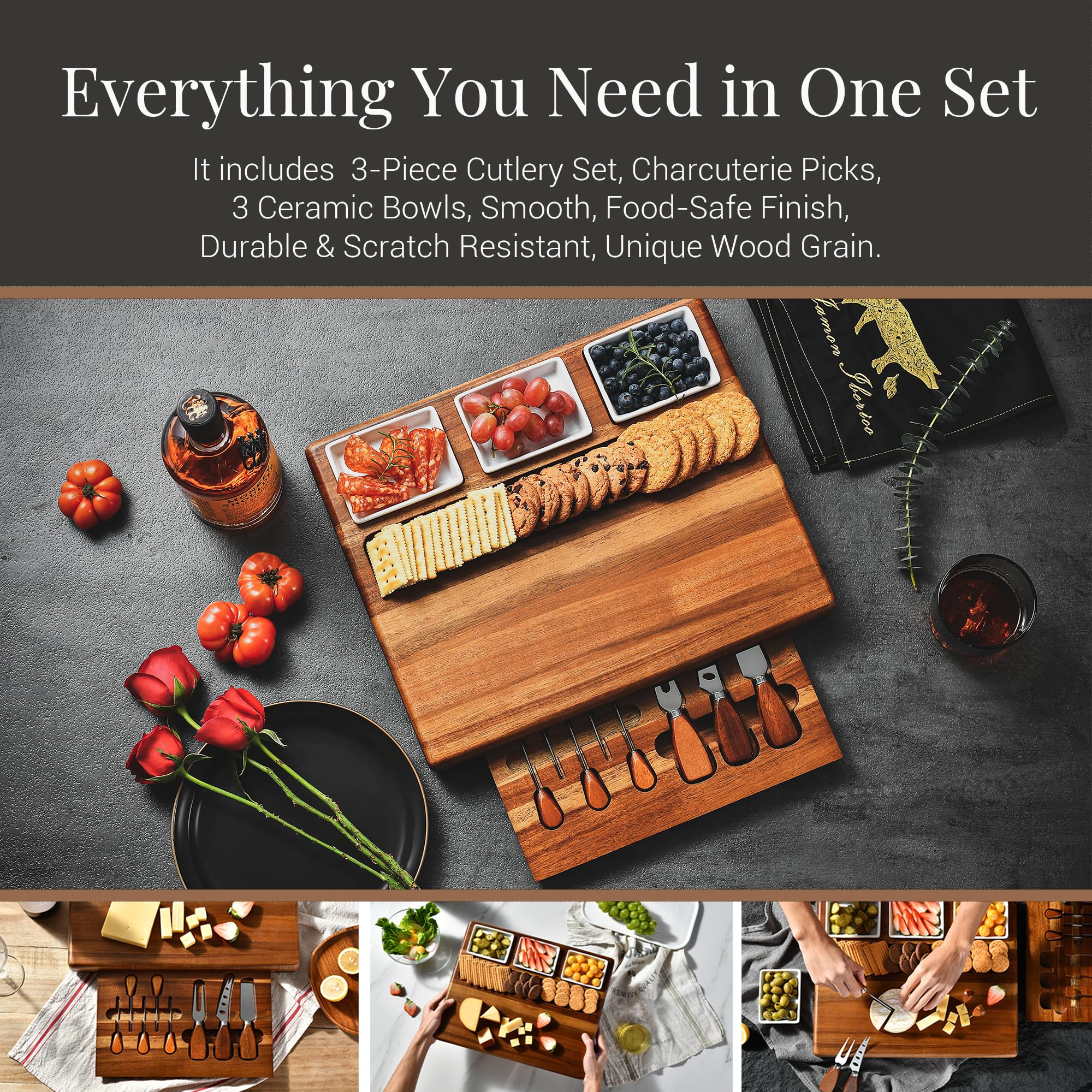 Shanik Acacia Charcuterie Board Set - Serving Utensils Included -3